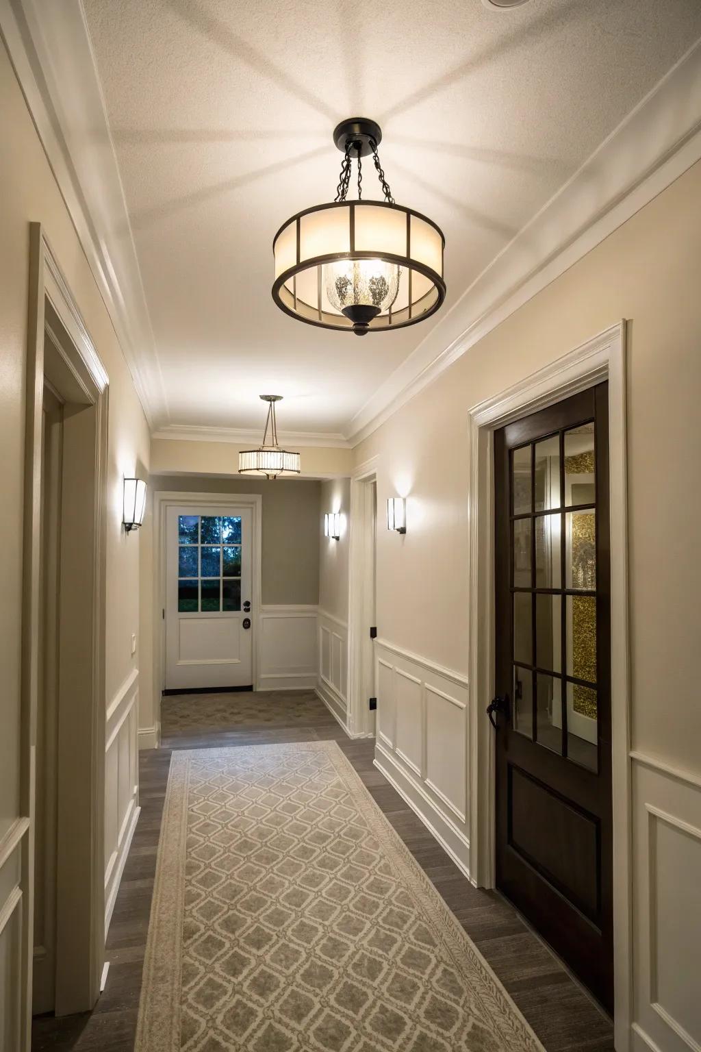 A small foyer with a ceiling-hugging lamp, ideal for areas with minimal headroom.