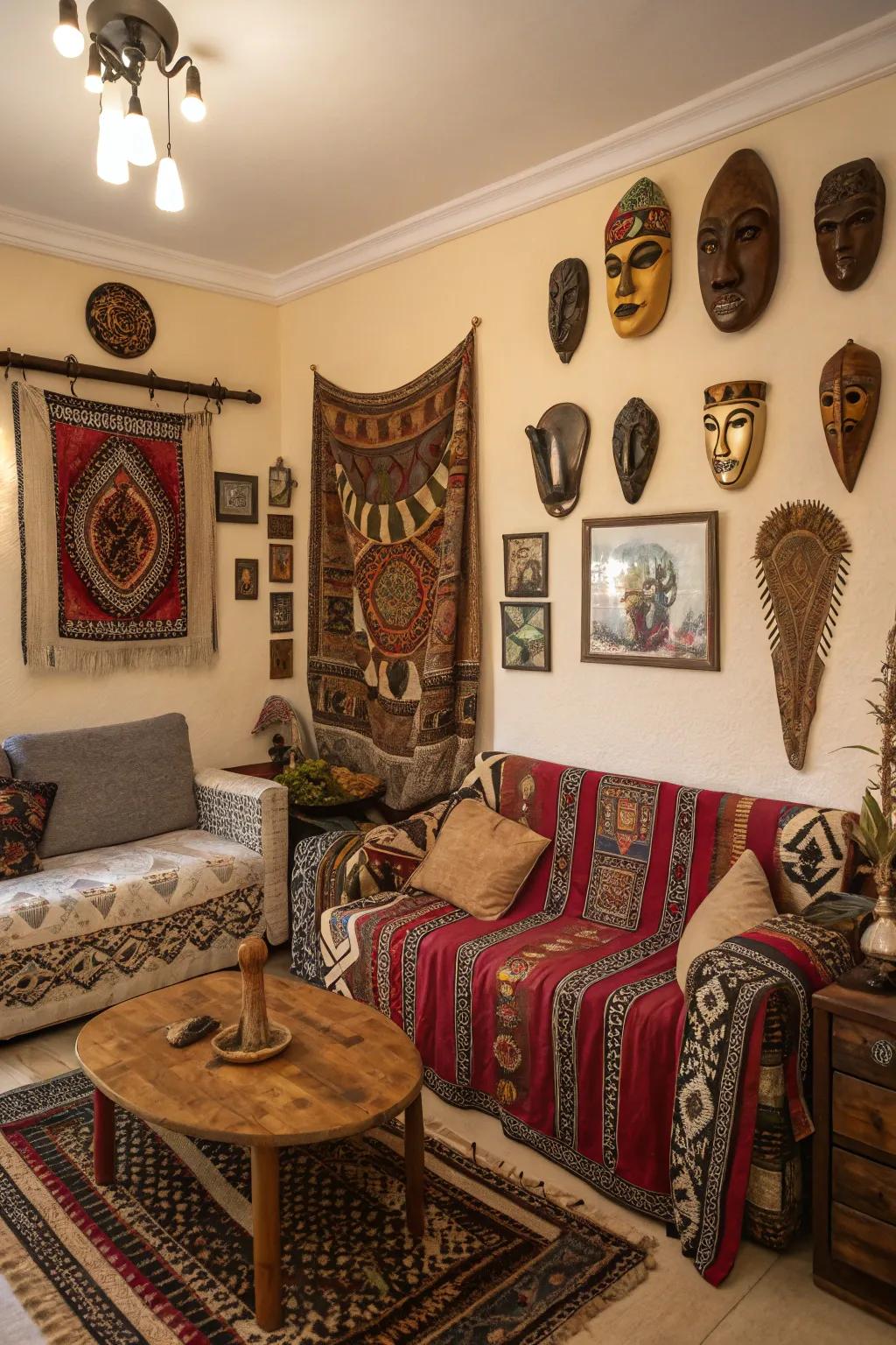 Add depth with cultural decor elements.
