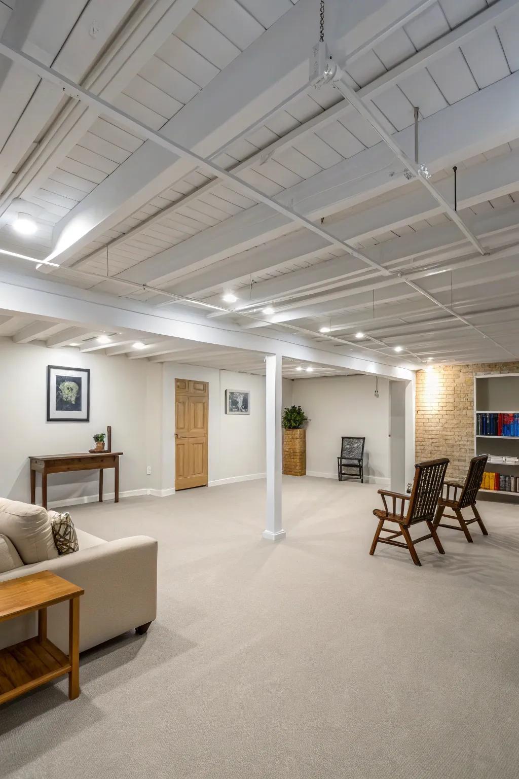 A bright and airy basement with a painted ceiling.