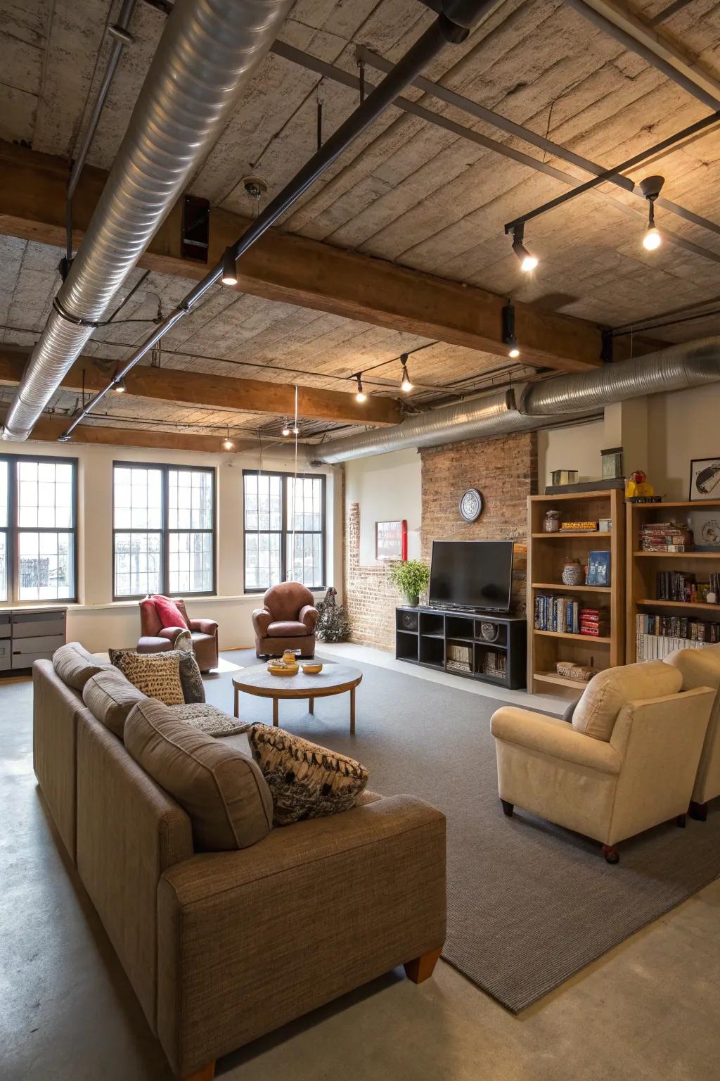 An open-concept layout optimizes the feeling of spaciousness in a basement featuring an exposed ceiling.