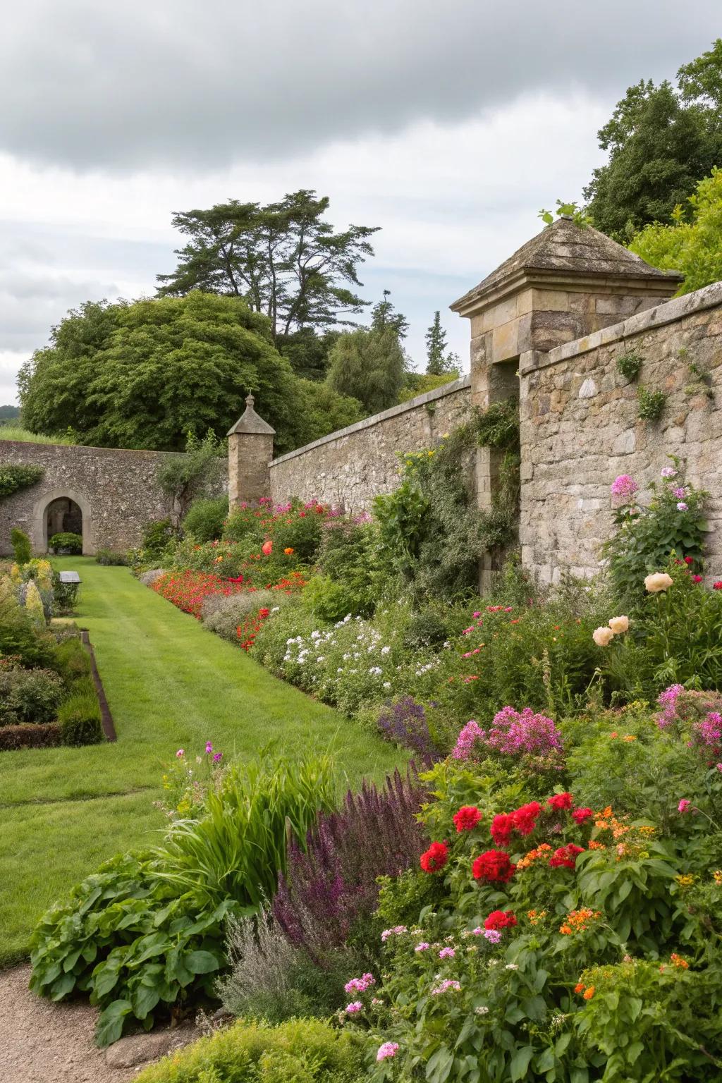 Stone walls harmonizing with gardens, creating a seamless blend of natural beauty.