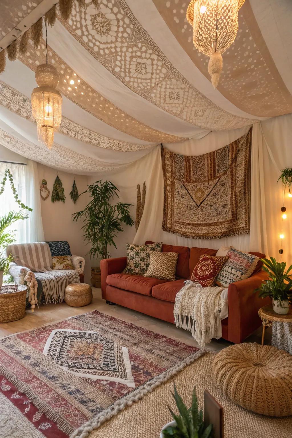 Introduce richness with layered fabric textures on your ceiling.