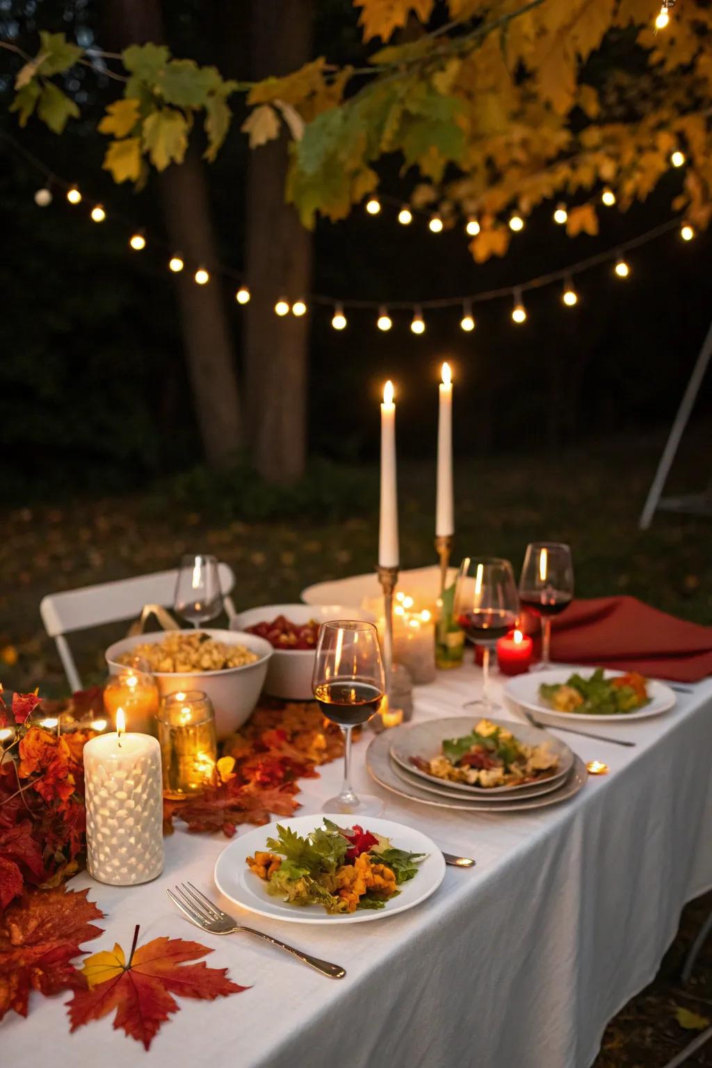 Tea lights and fairy lights foster a warm and welcoming dinner setting.