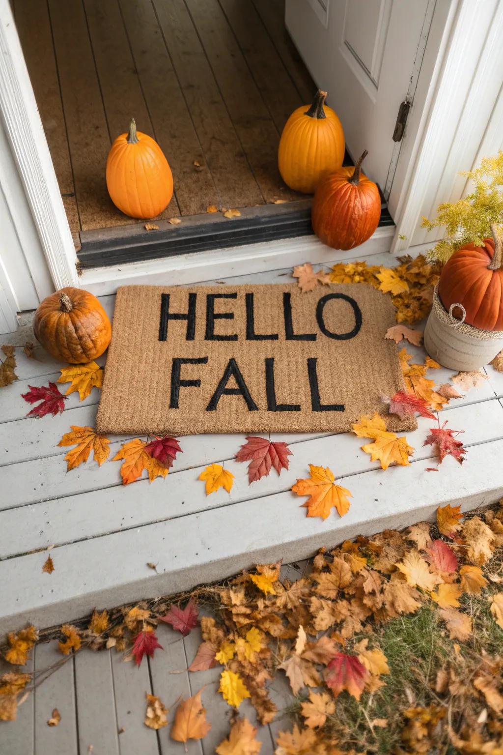 An inviting front mat with a cheerful fall greeting.