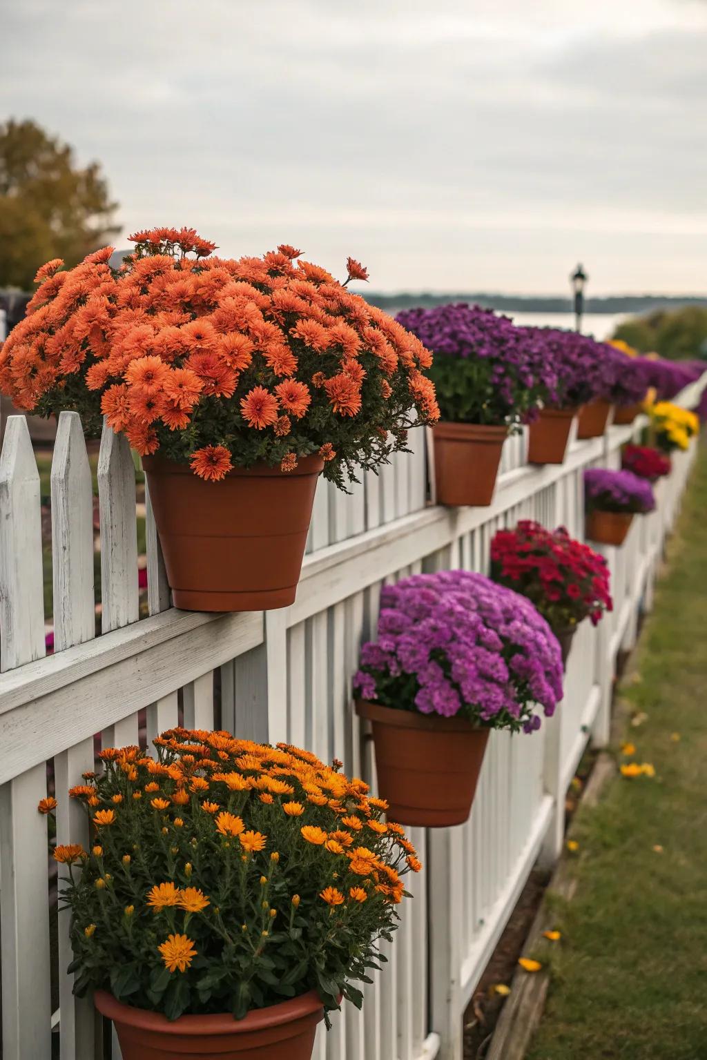 Brilliantly shaded chrysanthemums in containers saturate a fence with lively autumnal hues.