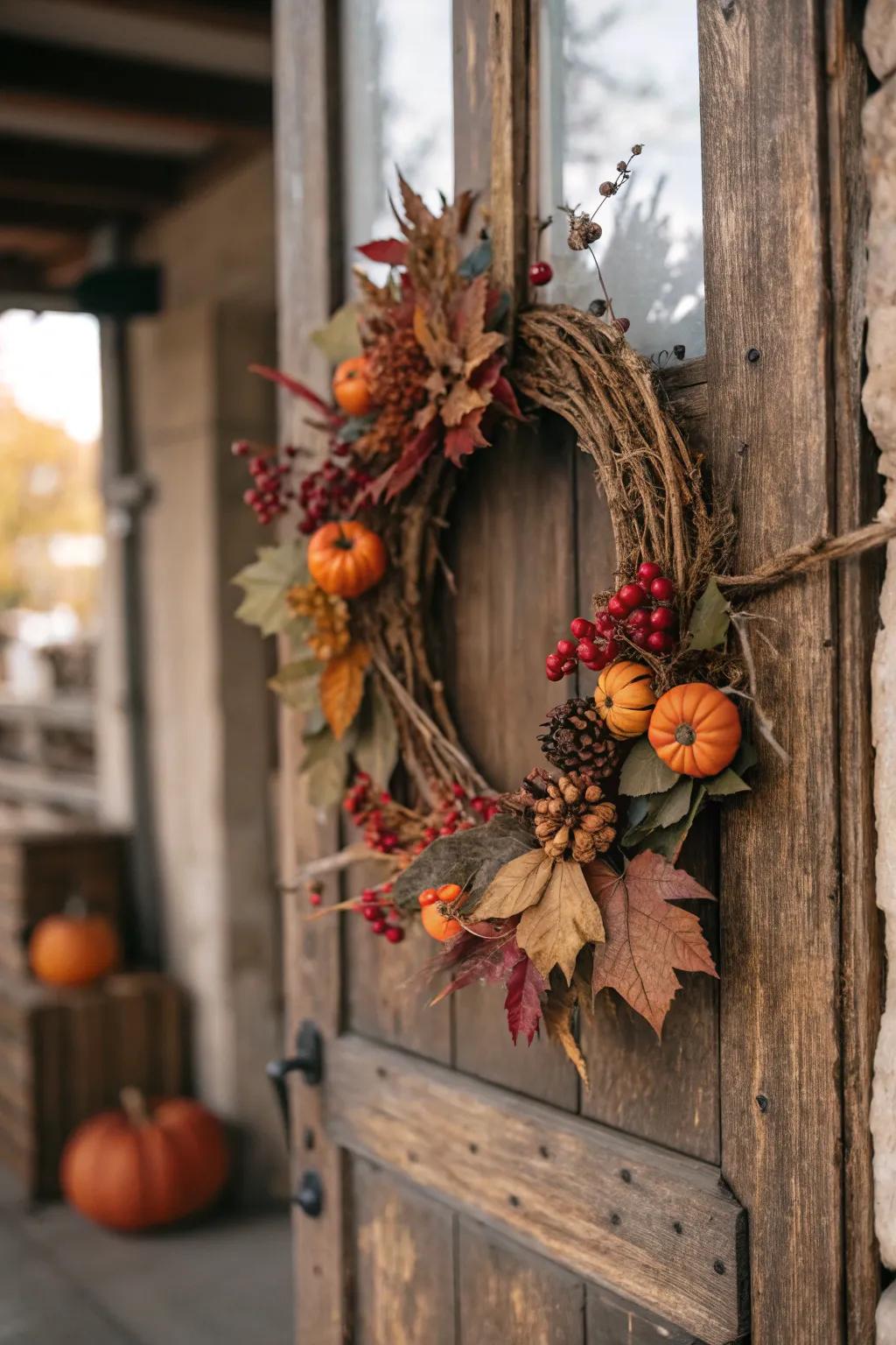 A handmade autumn wreath that brings seasonal charm to any door.