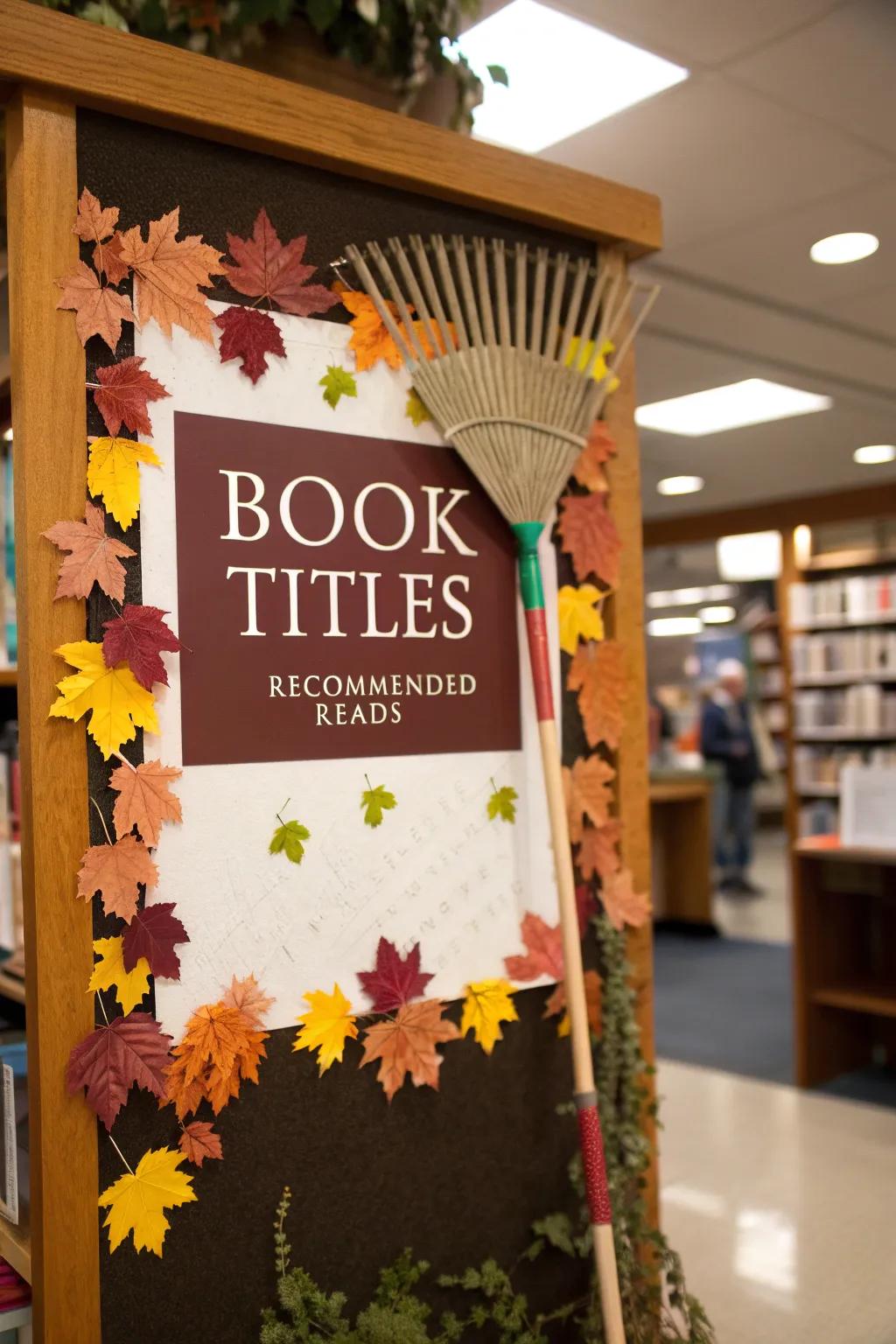 A playful bulletin board featuring a gathering tool and leaves adorned with book titles.