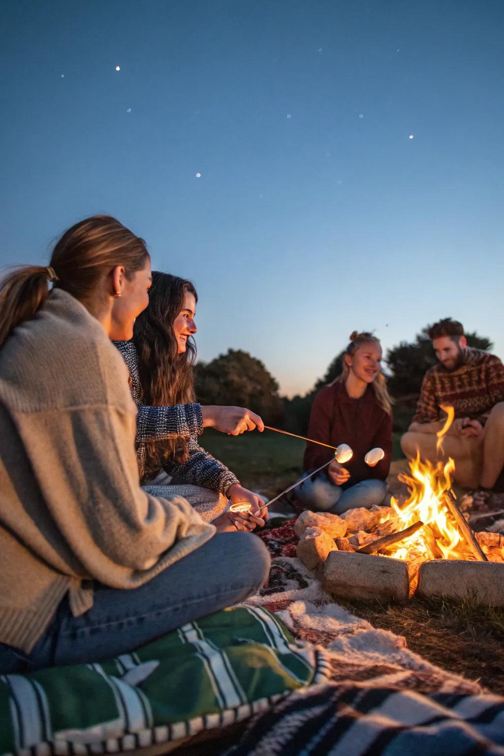 Friends enjoying a warm bonfire night.