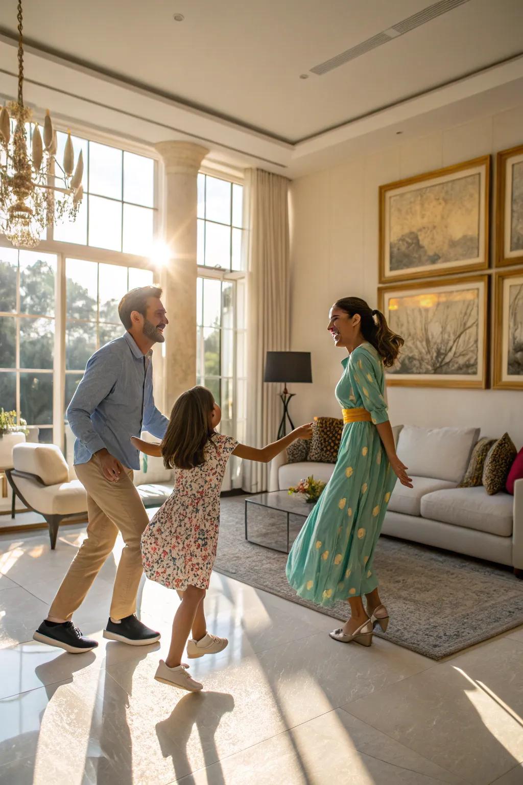 A family room rhythmic celebration embodies the spirited essence of your clan.