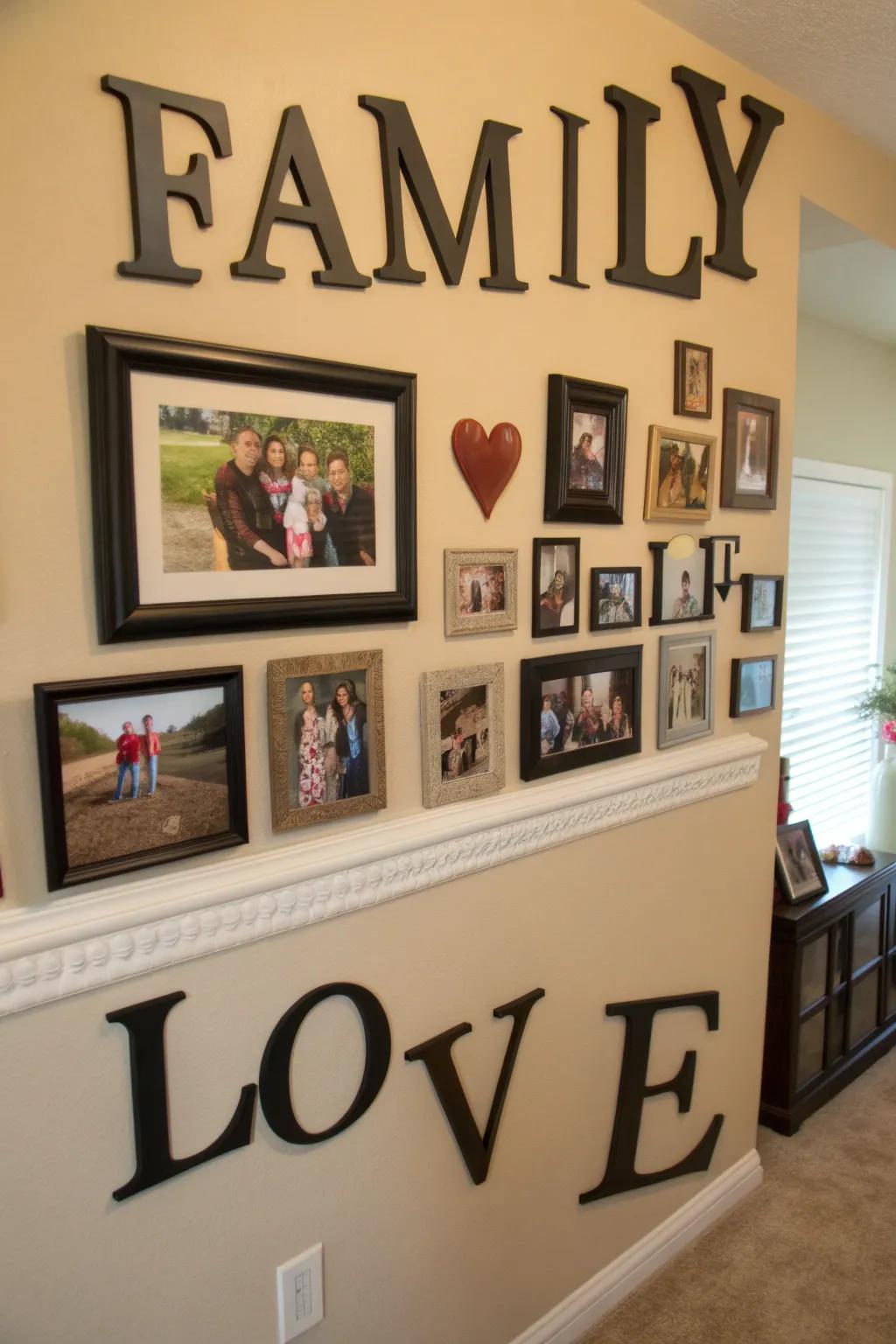 Touching wall ornamentation spotlighting inspirational prose and cherished family images.