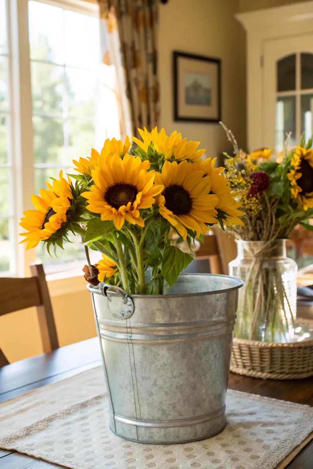 Heliopsis in a metal pail spreads a burst of sunshine indoors.