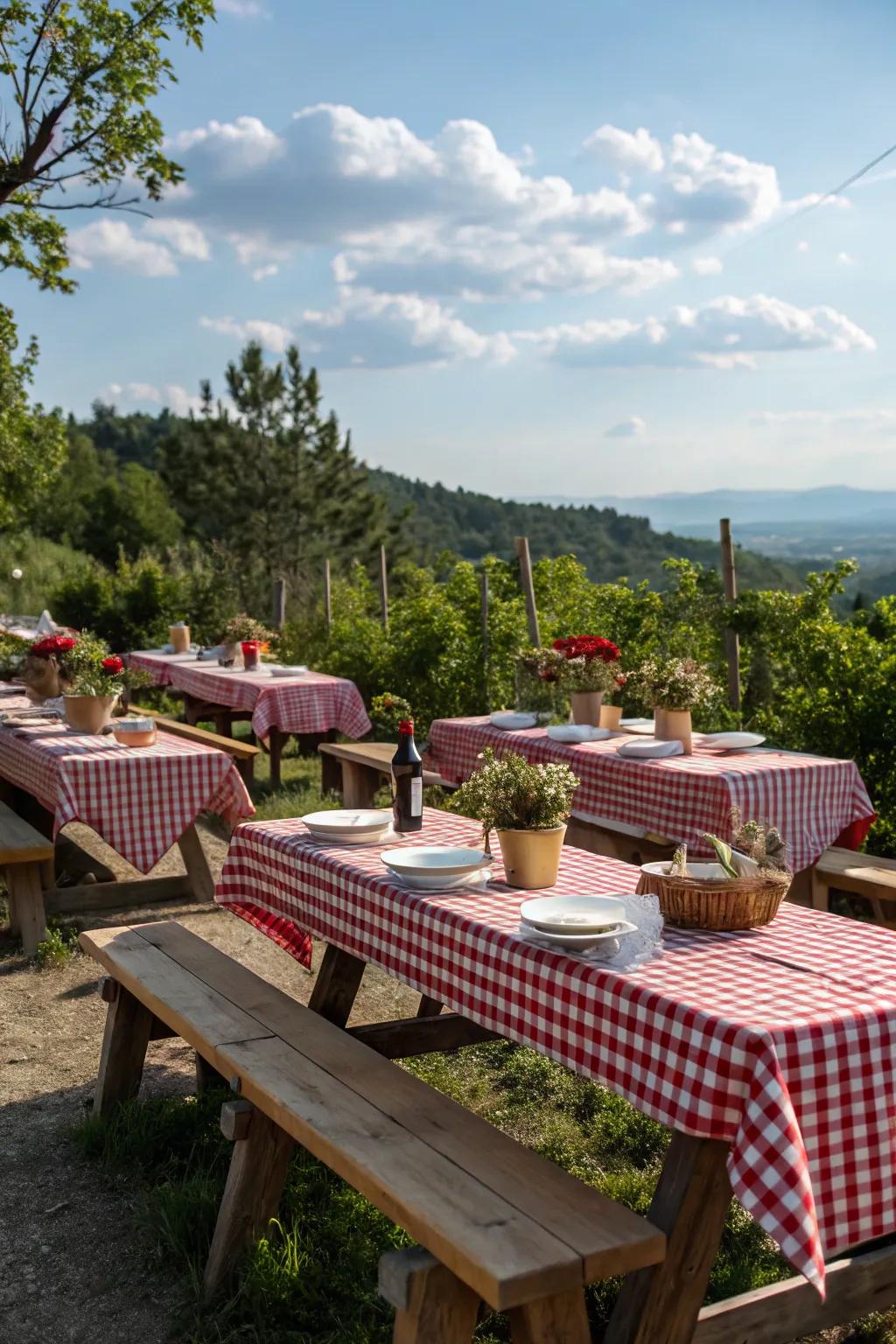Gingham tablecloths on picnic tables create a charming countryside atmosphere.
