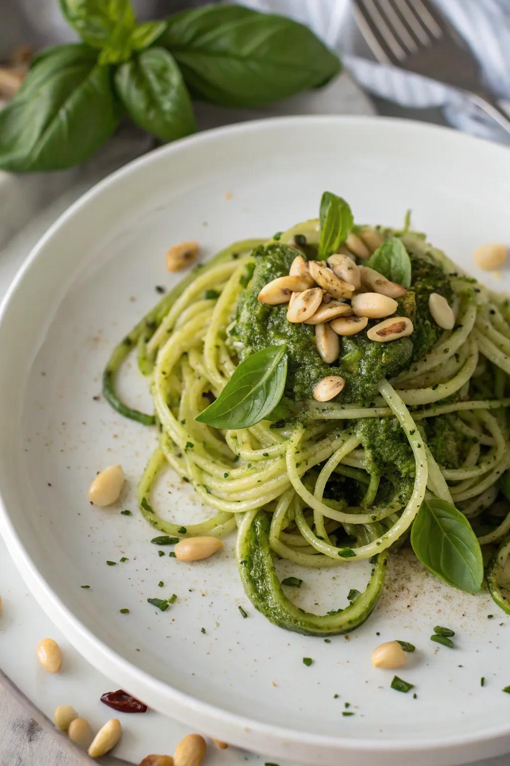 Zucchini noodles with pesto offer a refreshing, revitalized take on a timeless favorite.