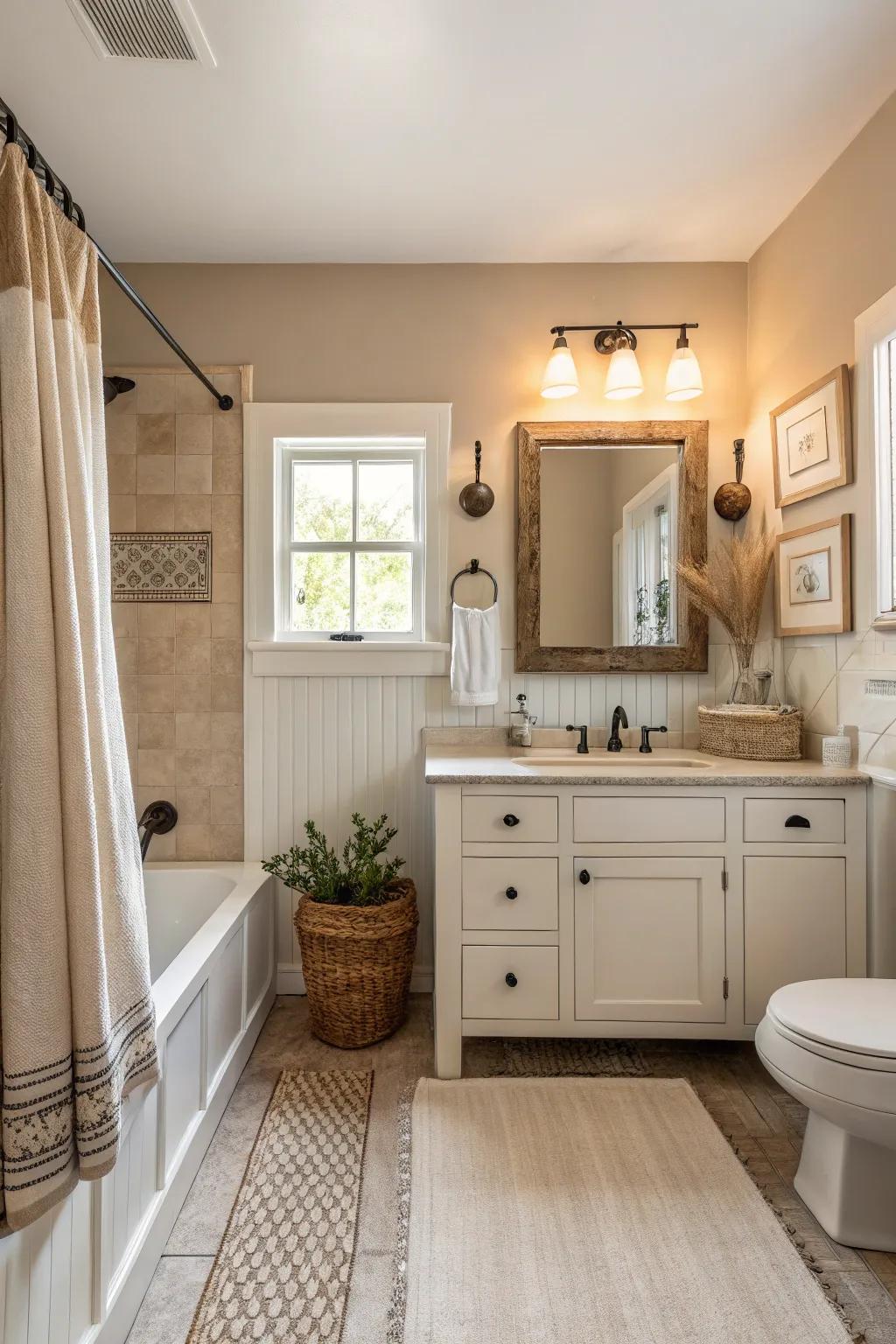 A neutral palette crafts a soothing environment in a farmhouse bathroom.