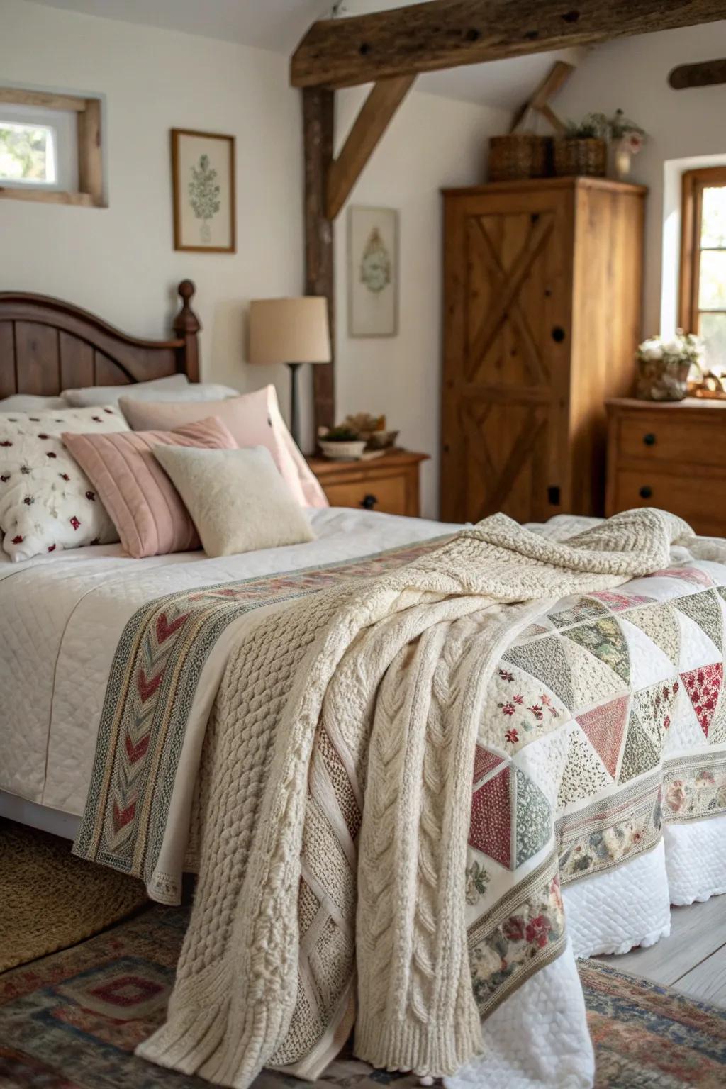Richly layered textures produce a pleasant and welcoming farmhouse bedroom.