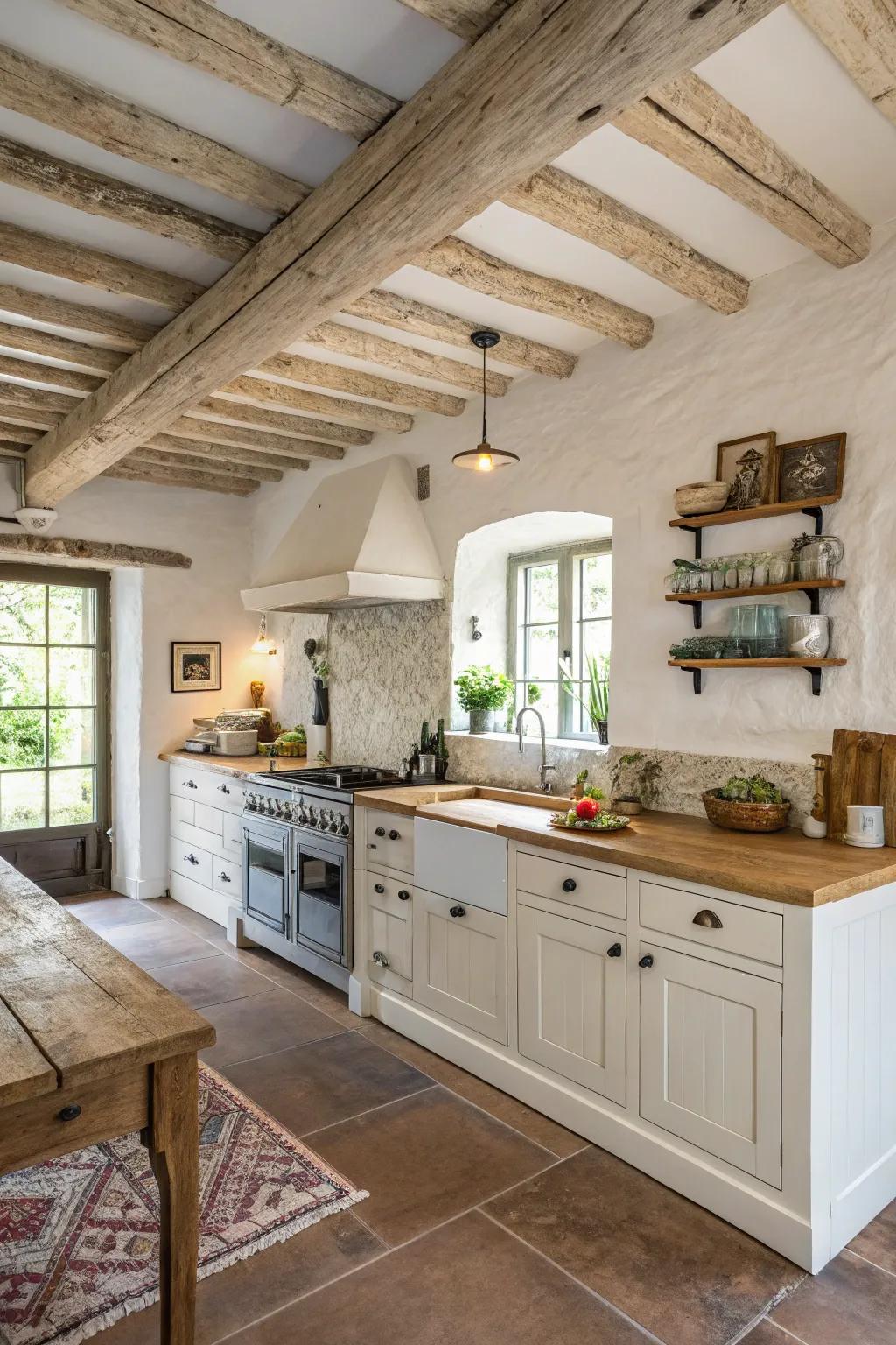 Chalked wood ceilings infuse radiance and sophistication into this farmhouse kitchen.