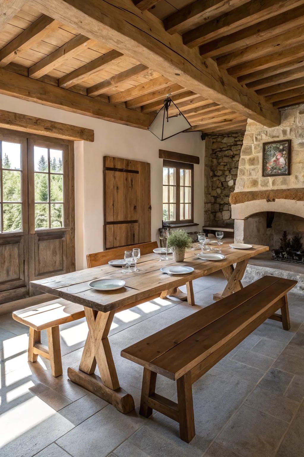 A timber bench provides shared seating in this welcoming farmhouse dining space.