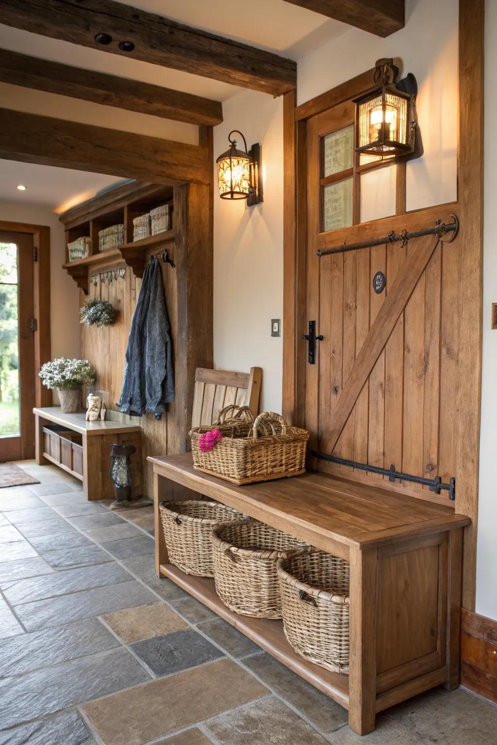 Wicker baskets under a bench provide storage and maintain a rustic look.