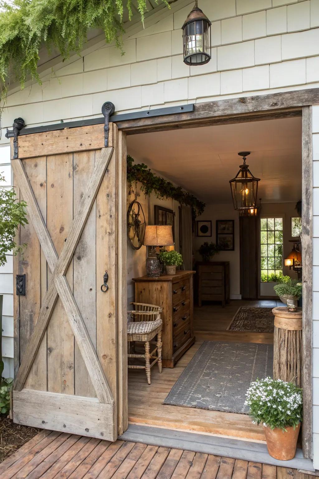 A delightful entryway spotlighting a sliding barn door for additional persona.