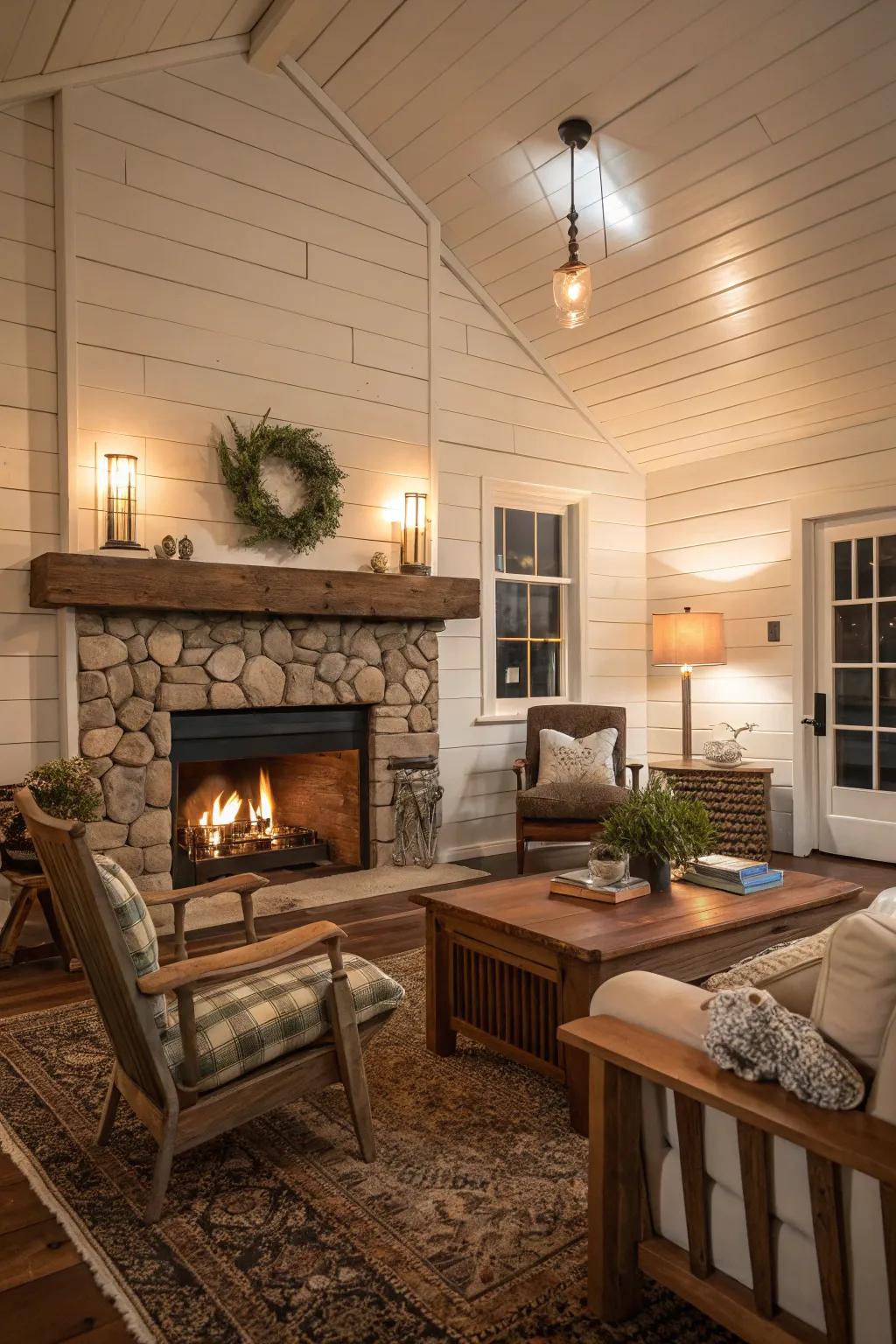 Weathered plank cladding framing a rustic farmhouse fireplace.