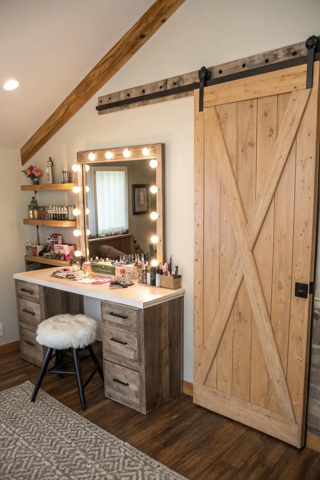 Barn-style sliding doors offer rural allure and practicality.