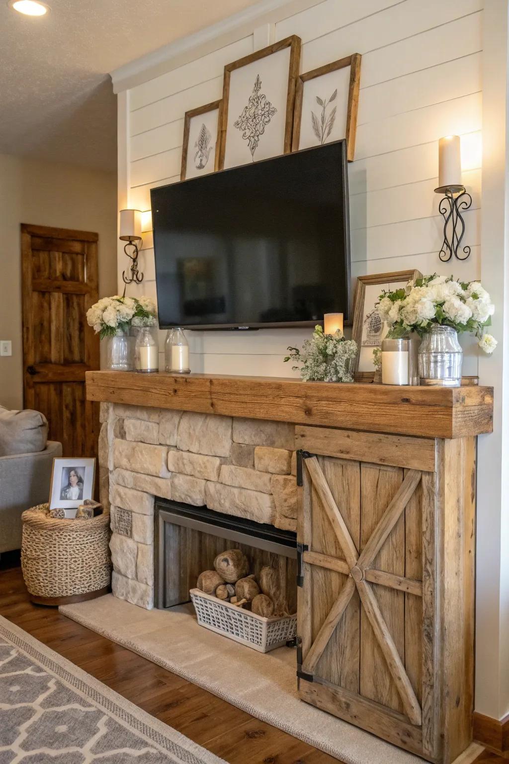 An appealing fusion of rustic timber features and farmhouse decor on a mantel beneath a TV.