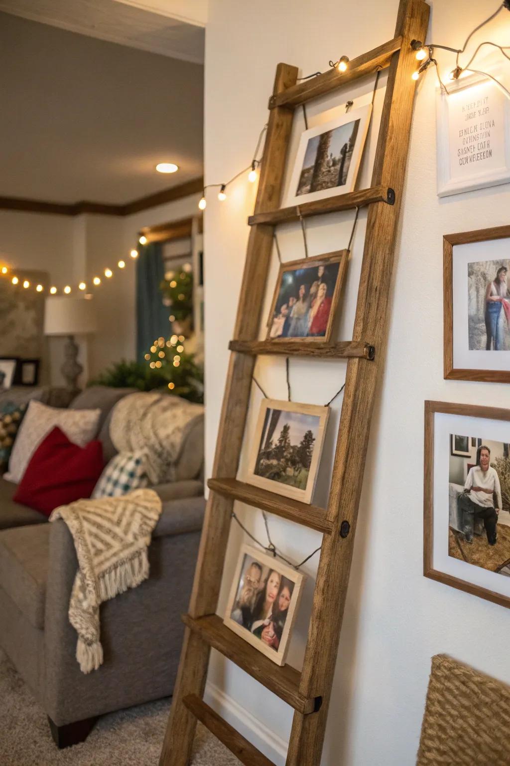 Family memories displayed on a rustic ladder