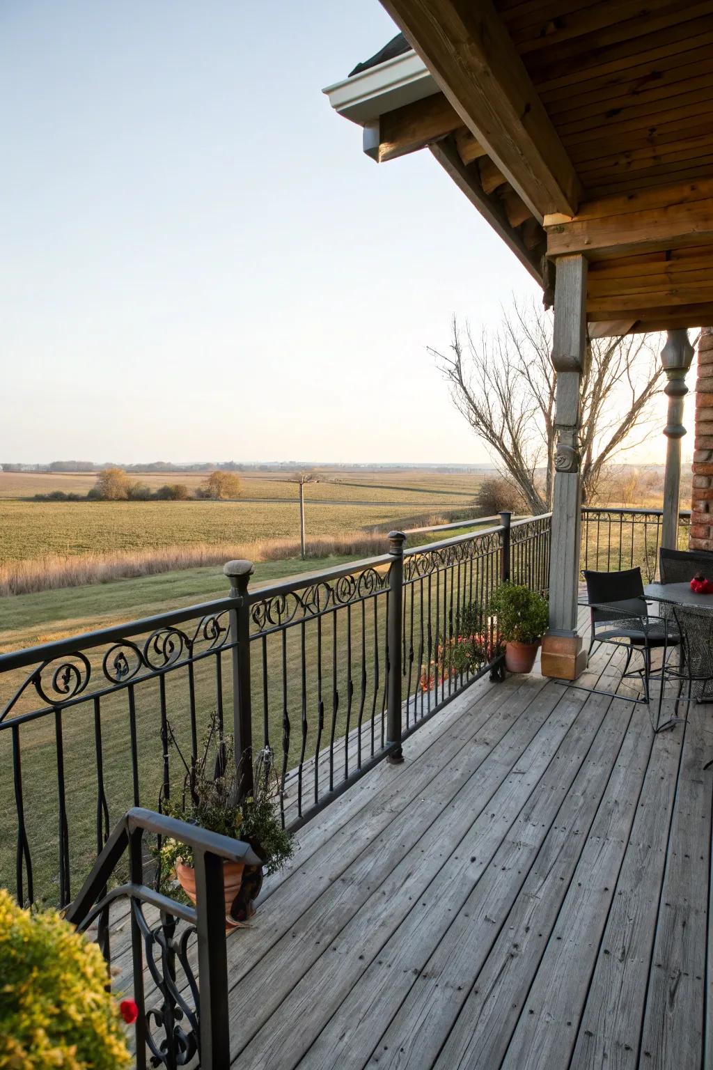 Sophisticated touch: Iron railing on a farmhouse deck.