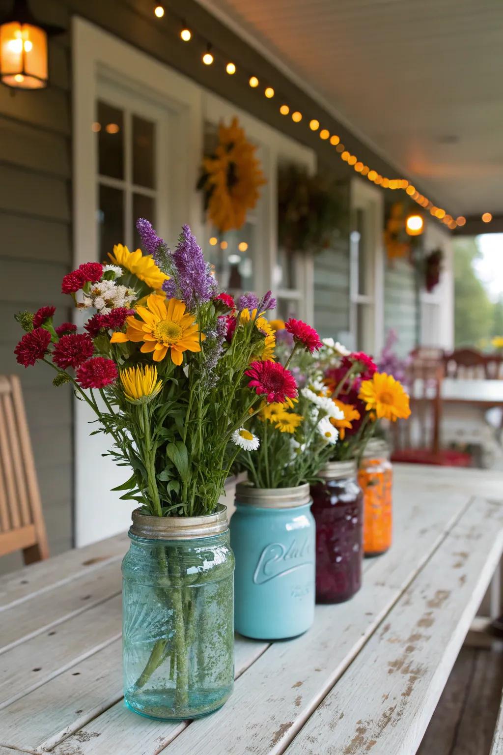 Mason jars brimming with wildflowers present an endearing and thrifty centerpiece selection.