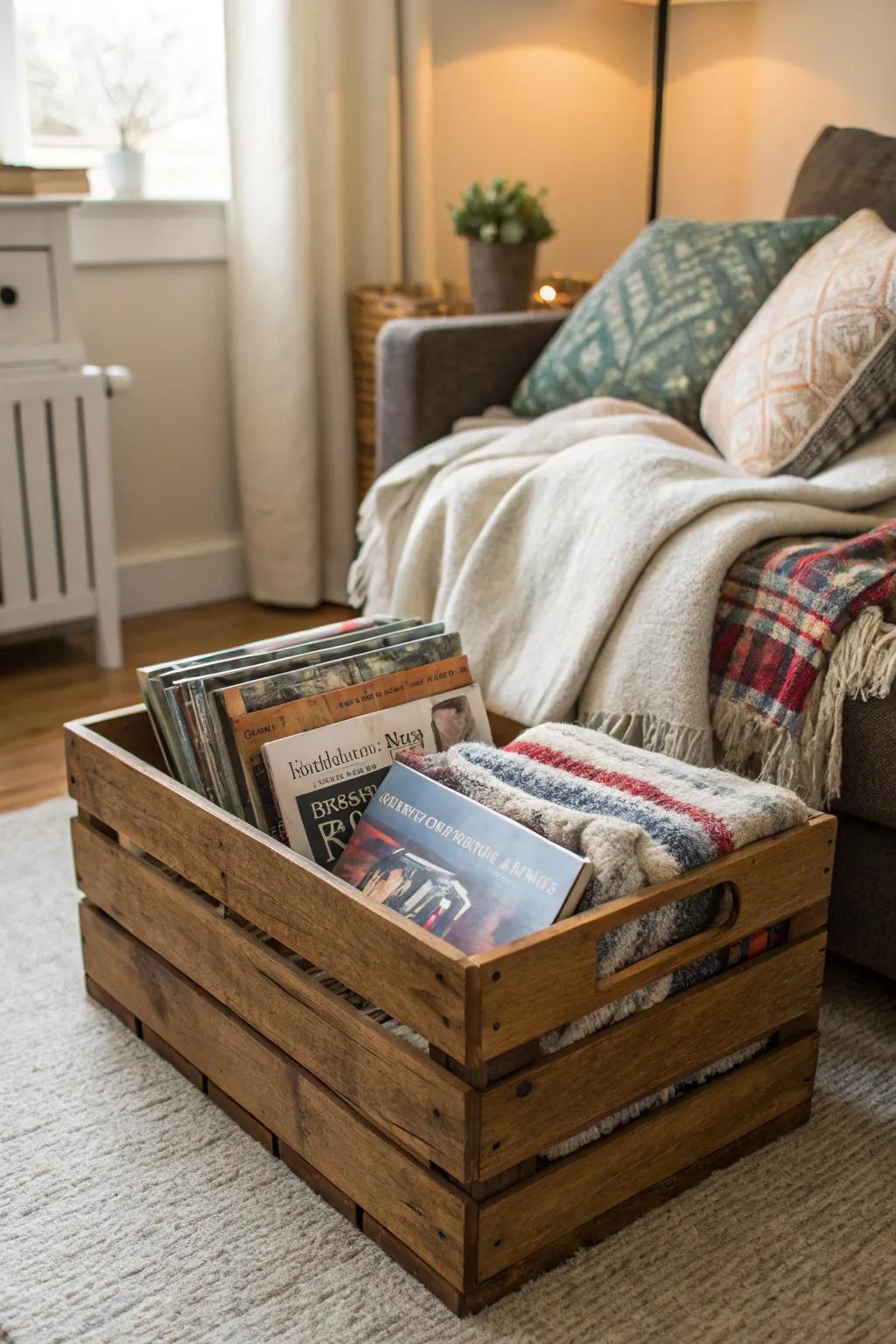 Practical and fashionable storage solutions using homespun boxes.
