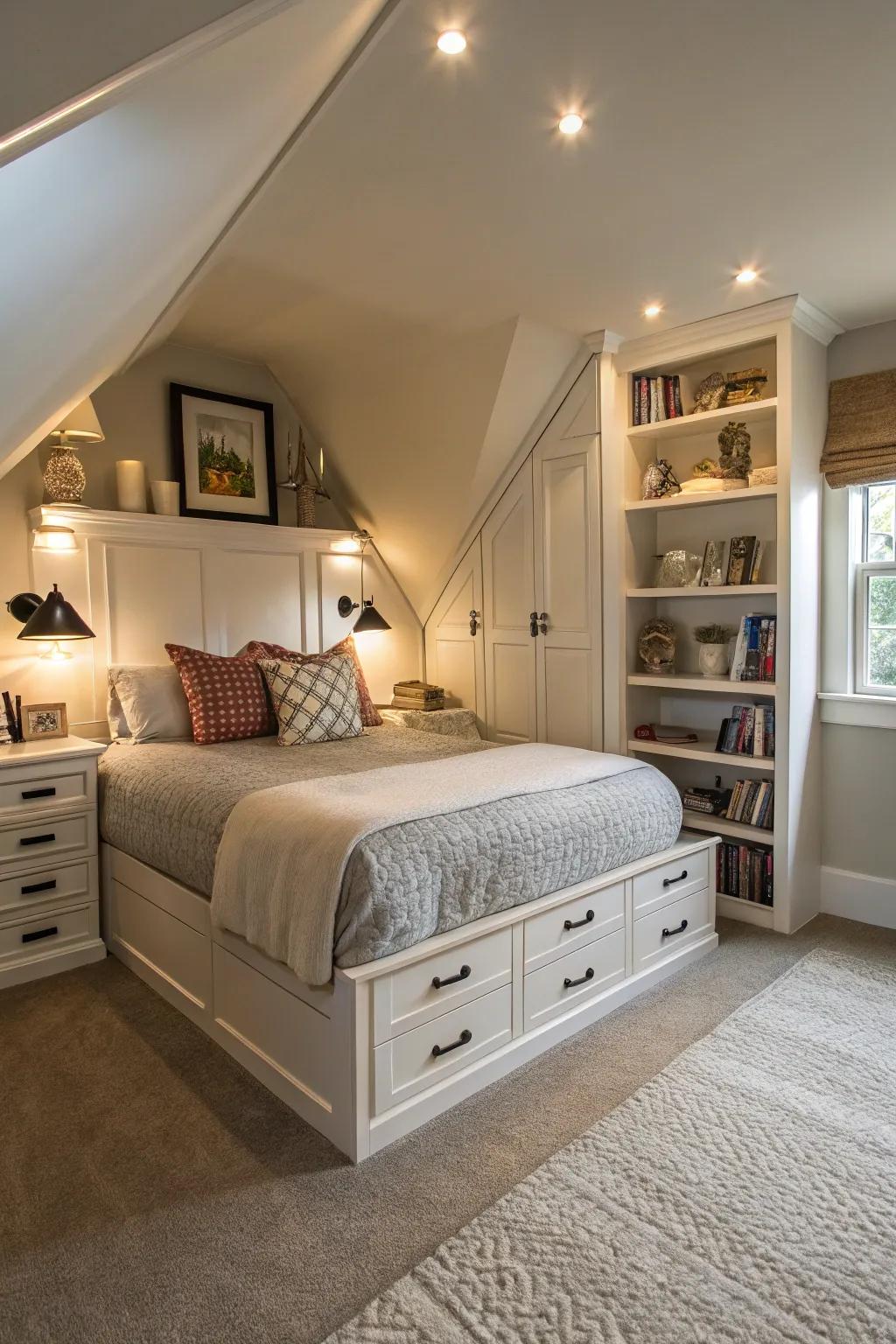 A charming and inviting guest bedroom nestled in the attic.