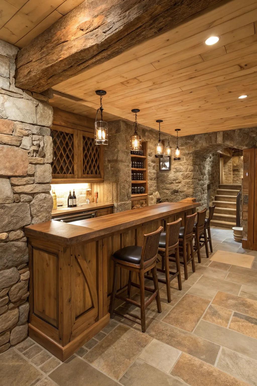 Invite the beauty of the outdoors inside with a rustic-style basement bar.