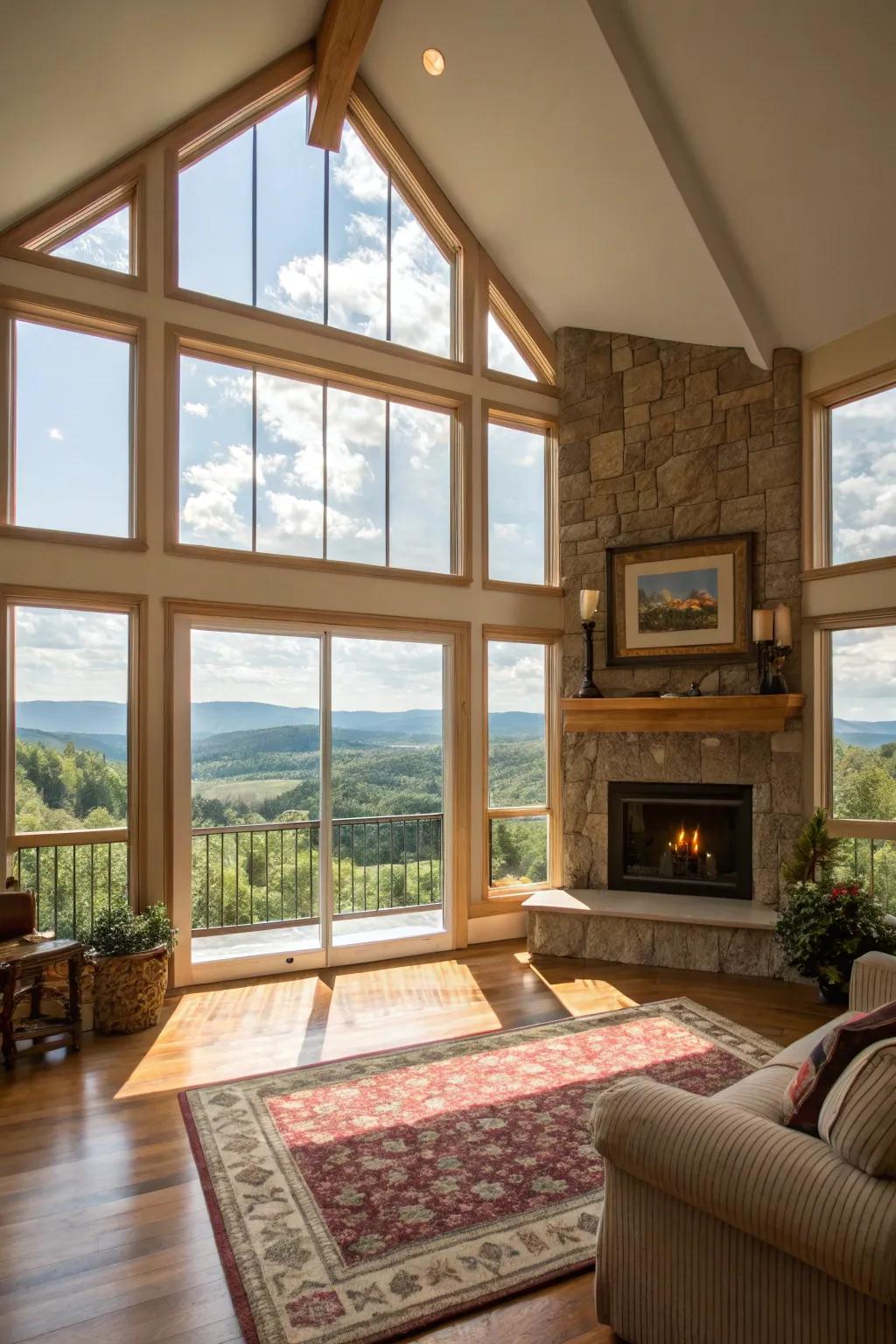 Natural light floods this space, highlighting the central fireplace beautifully.
