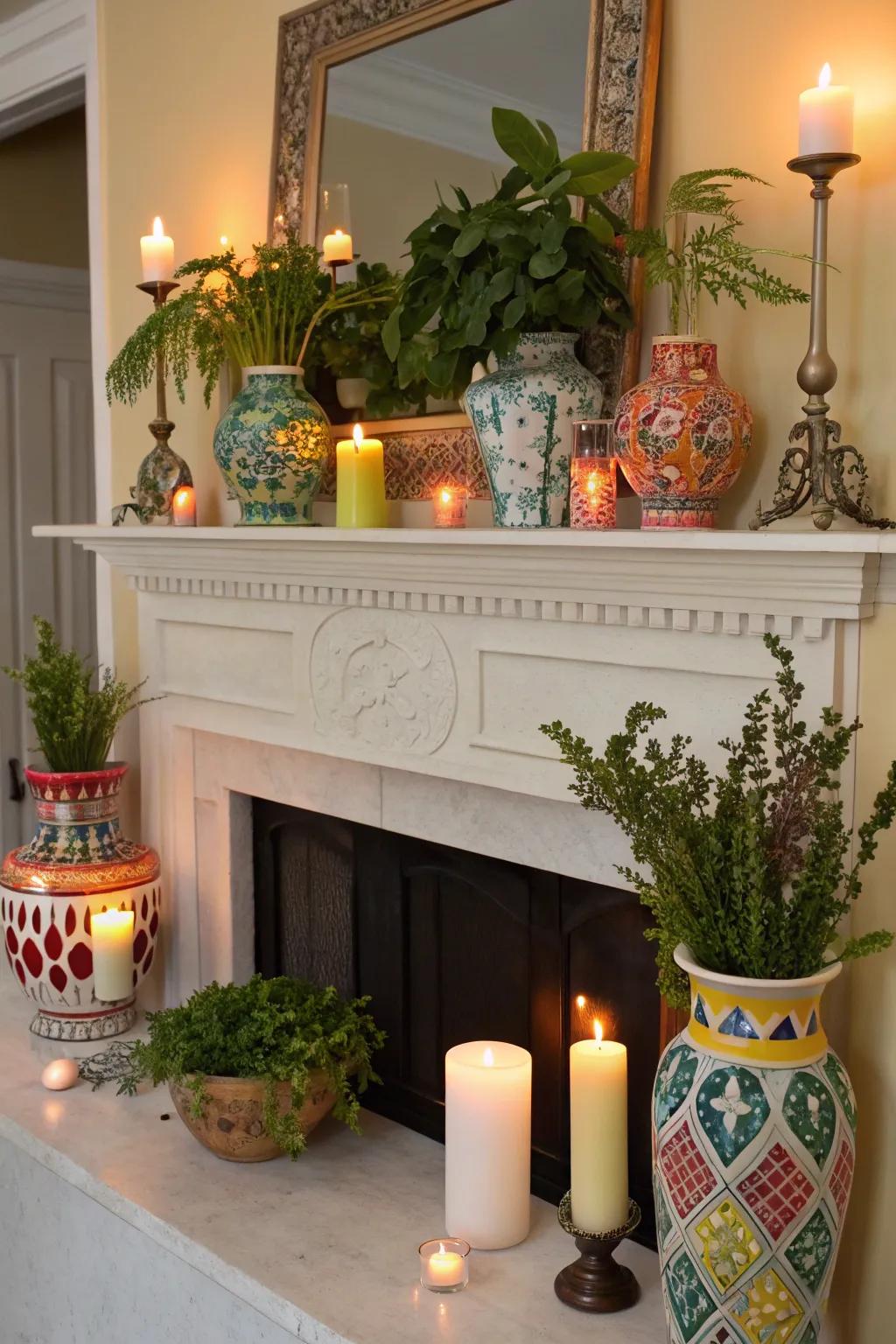 Vases, candles, and flora imparting a stylish flair to the mantel.