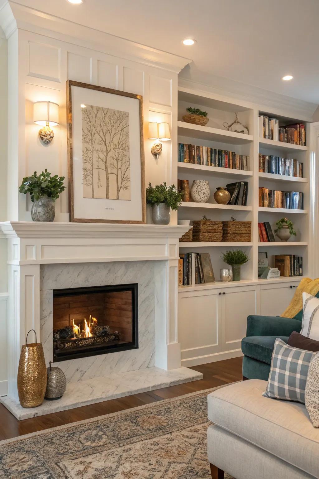 Merge style and functionality with fitted shelving around your hearth.