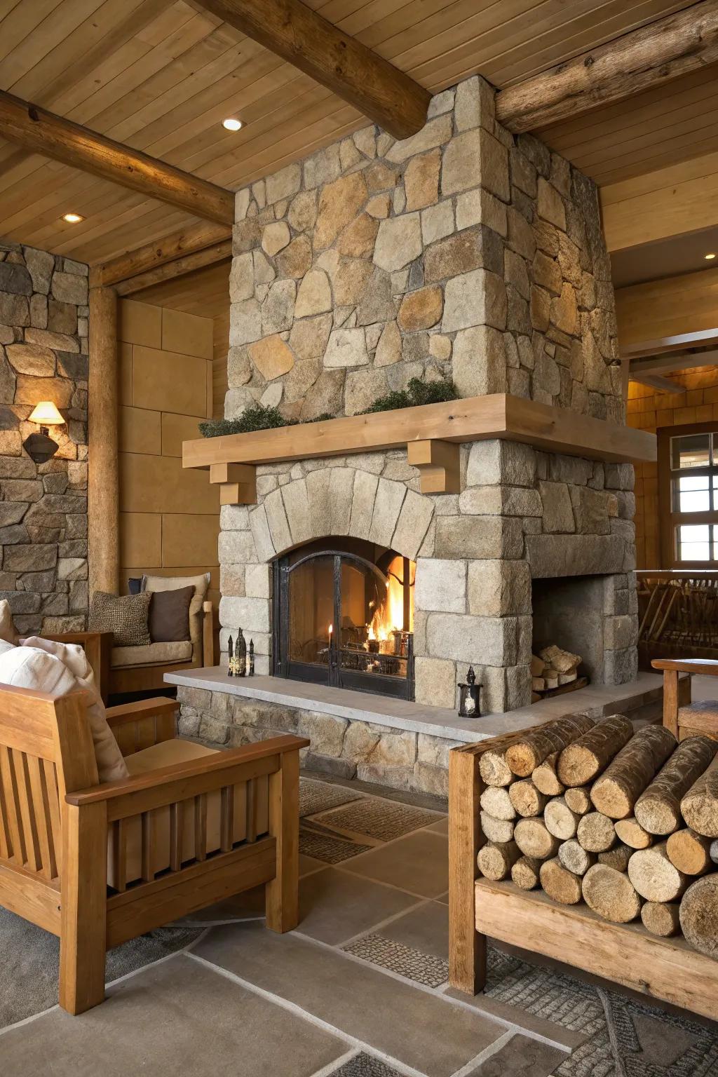 The employment of natural stone cladding lends a rustic charm to this appealing fireplace.