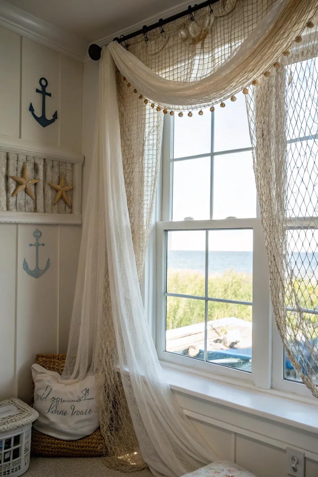 Fishing nets give a unique curtain experience with a nautical touch.