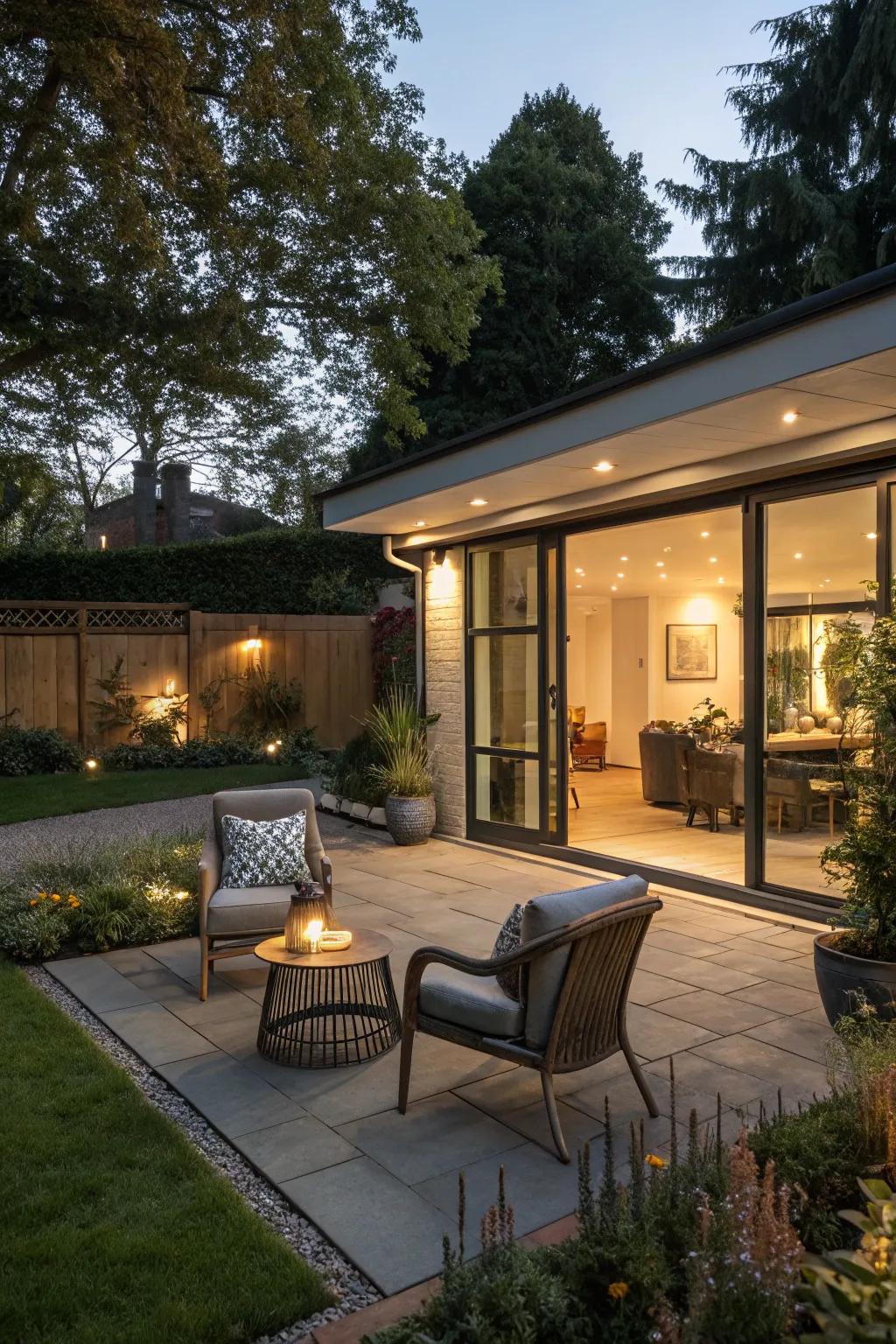 An open-air social spot on a flat roof garage is just right for hosting friends.