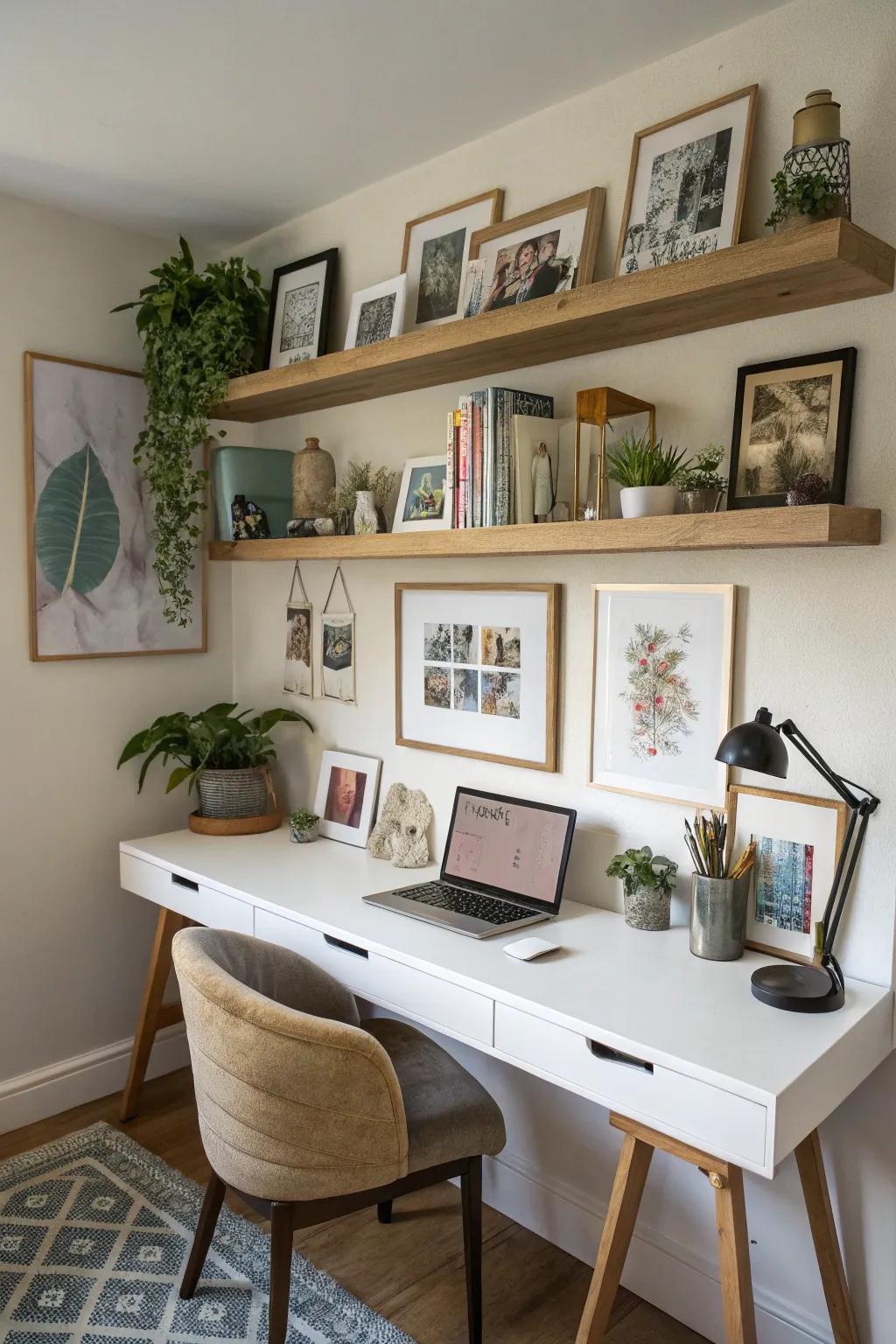 Personalize your workspace with art pieces on floating shelves.