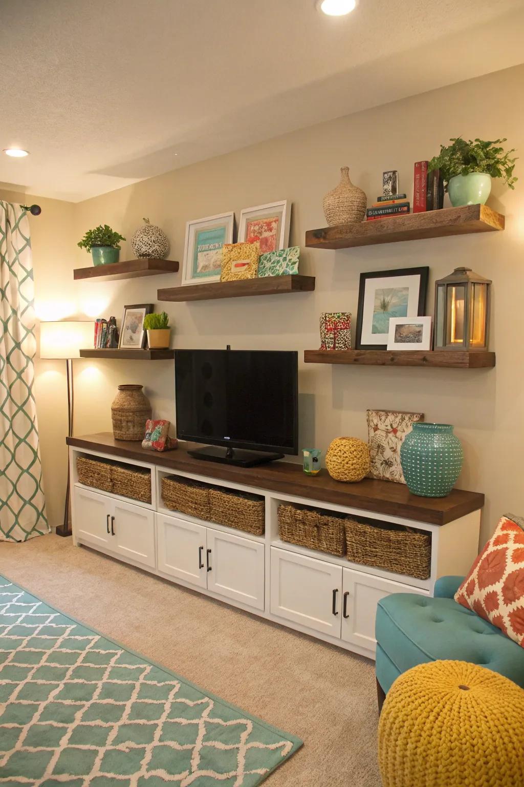 Achieve harmony with color-coordinated shelves.