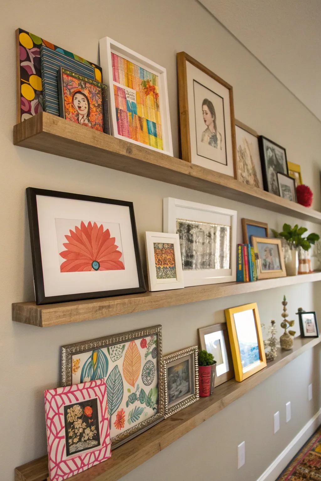 Artistic setup using floating shelves for framed photos and art.