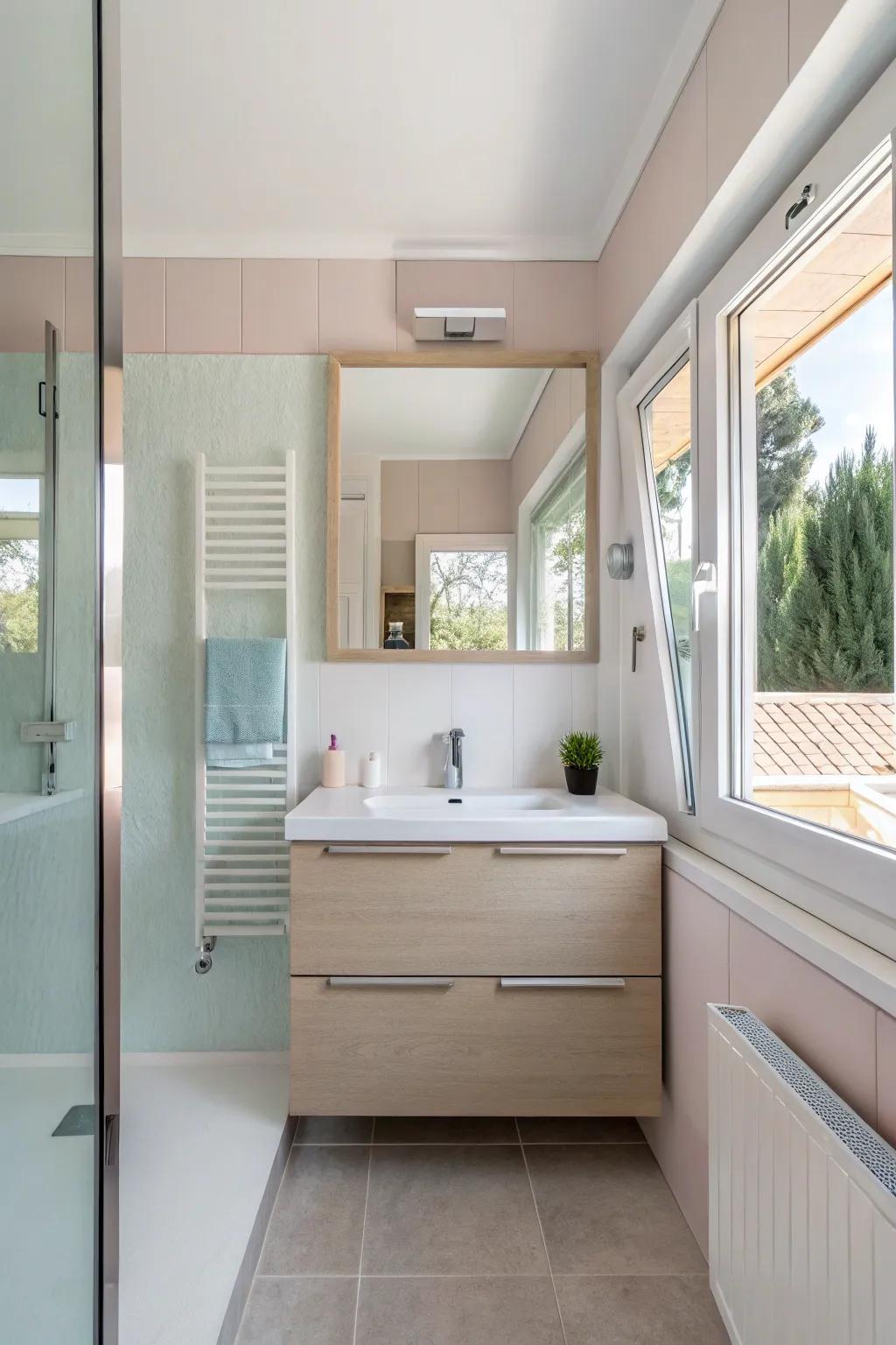 A compact bathroom with a space-enhancing floating vanity in light colors.