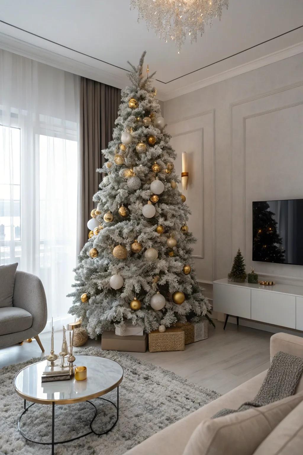 A flocked Christmas tree sparkling with metallic details.