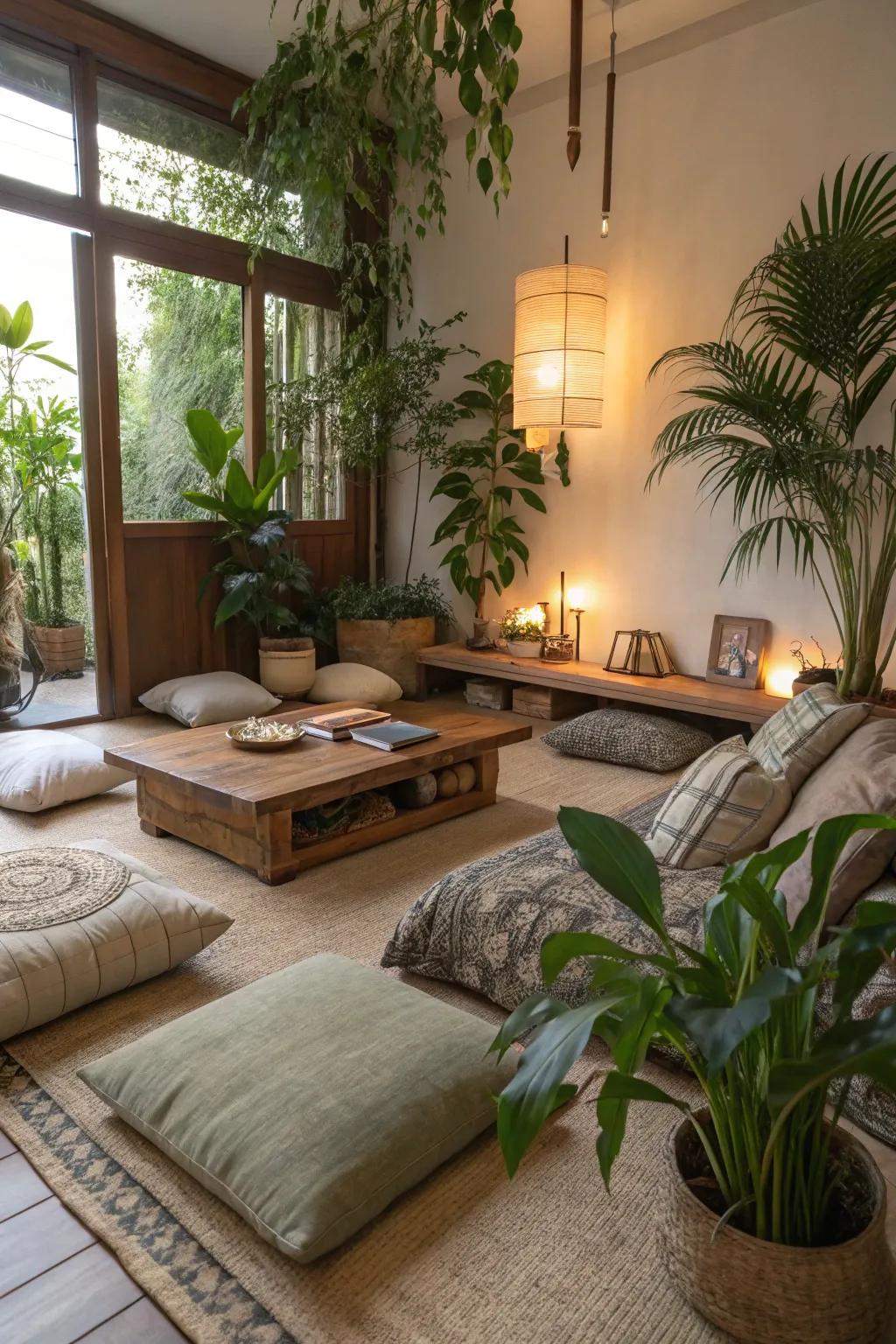 Nature-inspired floor seating creates a serene and harmonious environment.