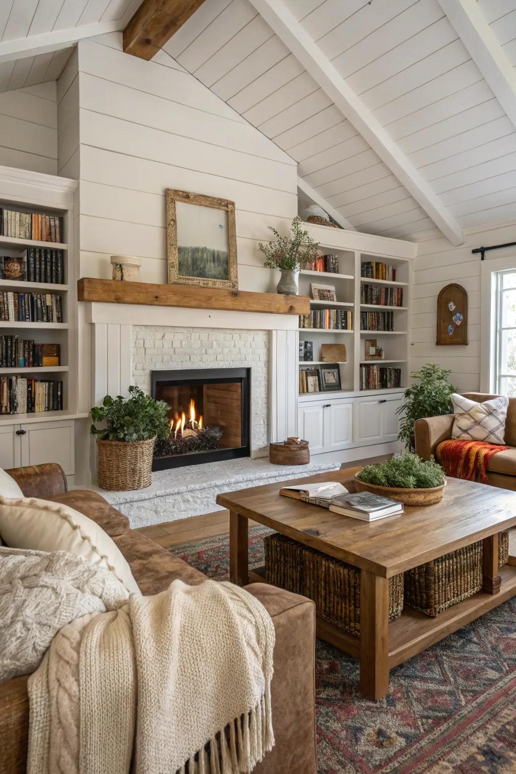 A charming cottage living room with a white wood-paneled floor-to-ceiling fireplace.