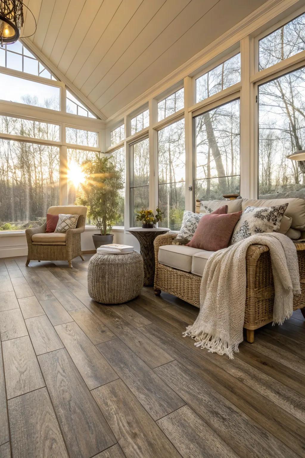 Versatile sunroom adorned with adaptable premium vinyl board flooring.
