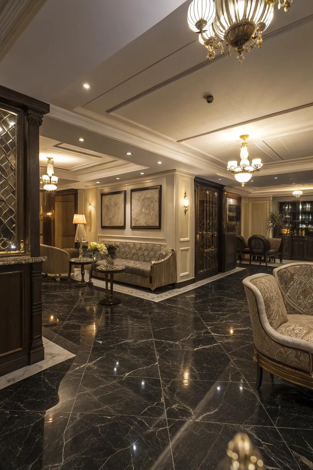 Deep shade stone flooring offers richness and charm to any basement.