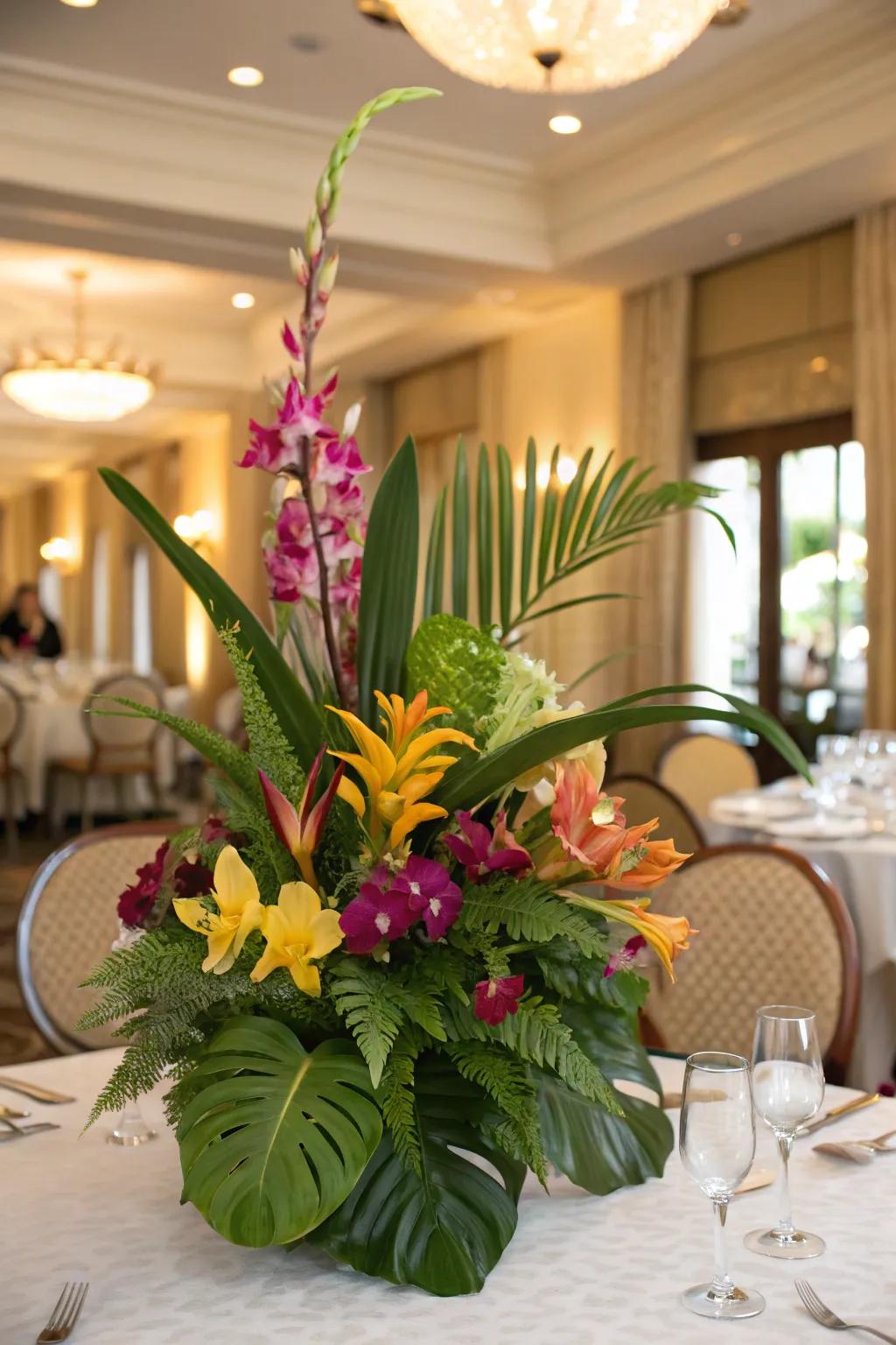 Tropical floral centerpiece with orchids and greenery, shaping a mini paradise on your table.
