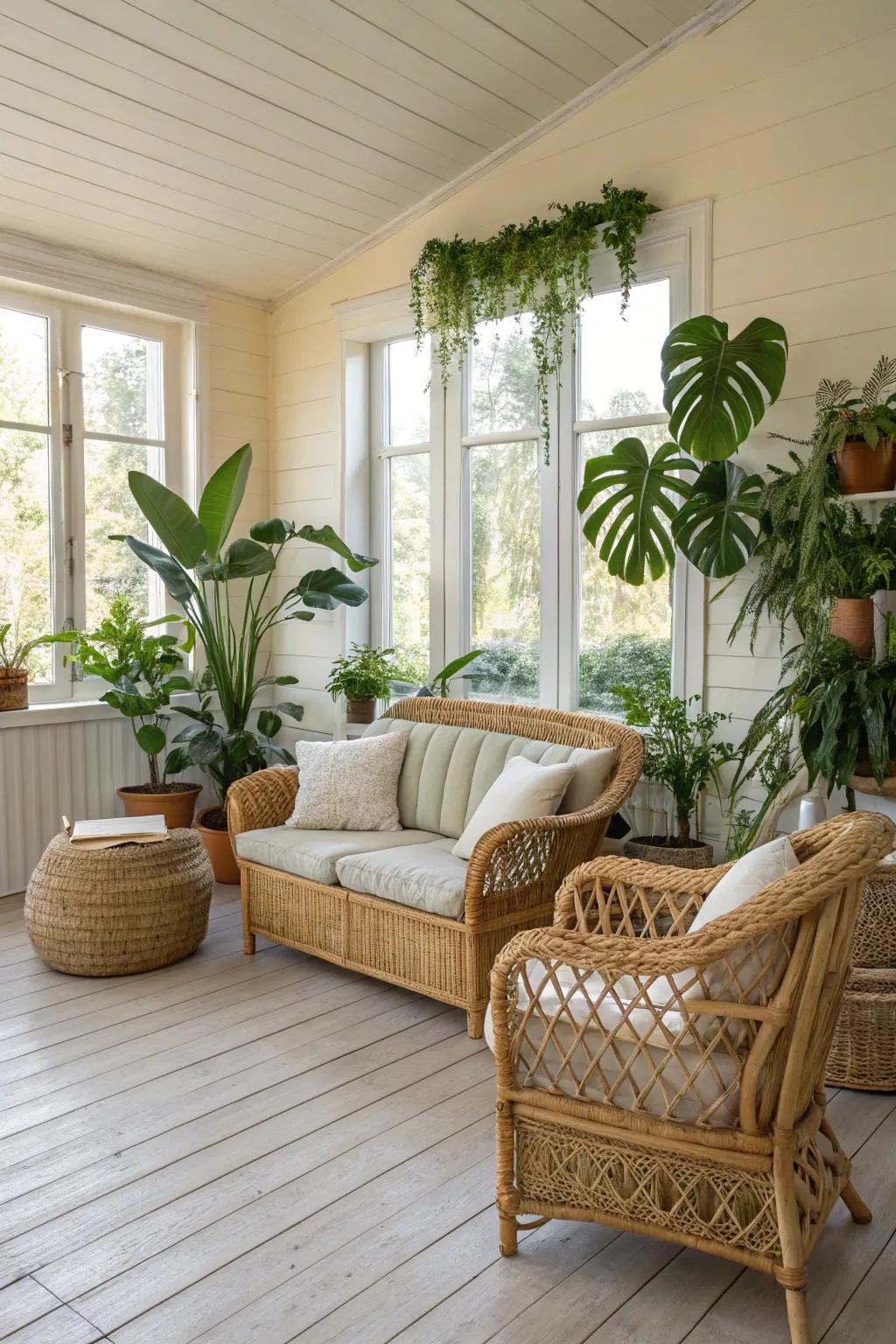 Natural materials like wicker and rattan create a warm feel.