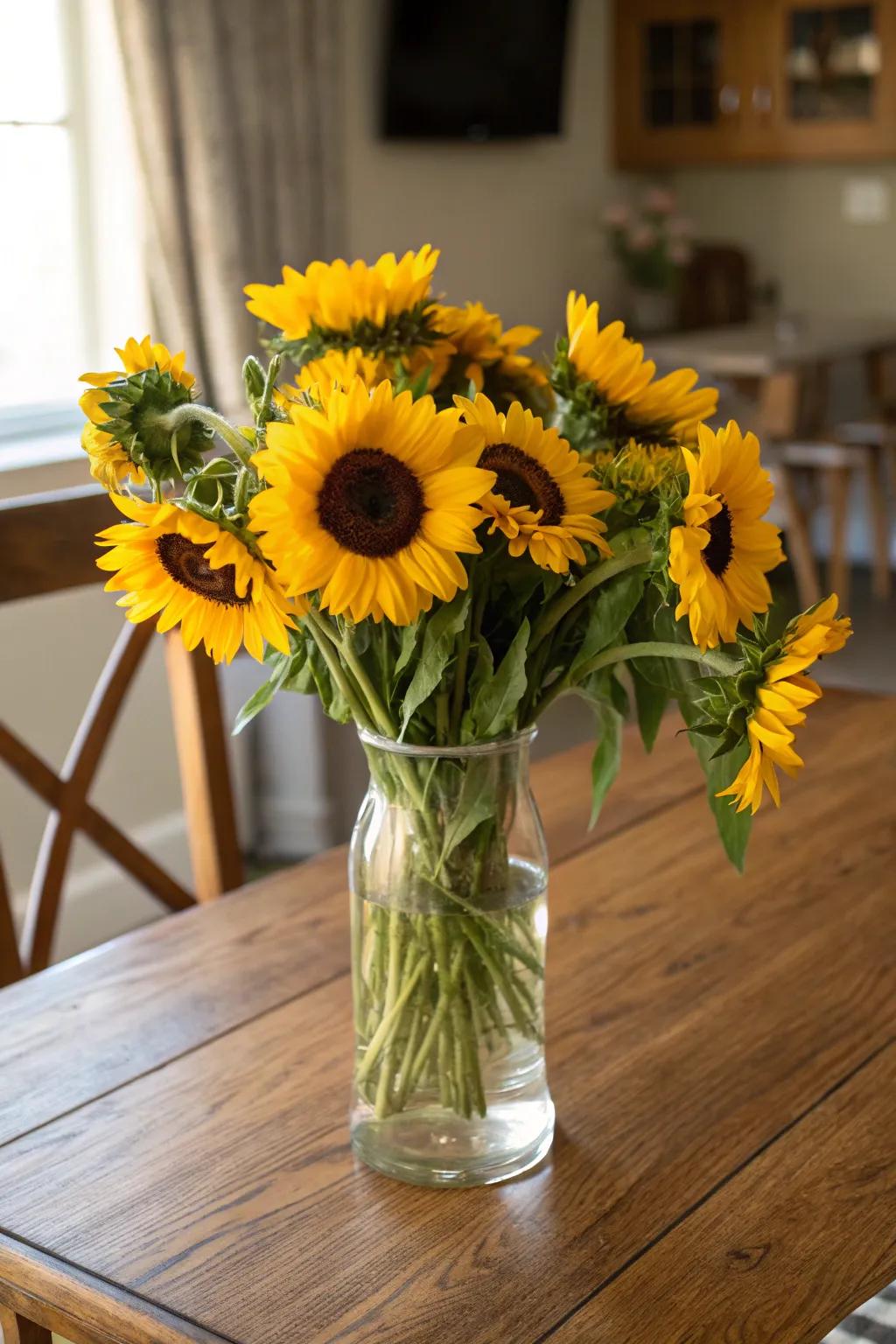 An eye-catching bouquet of sunflowers making a bold statement on a dining table.